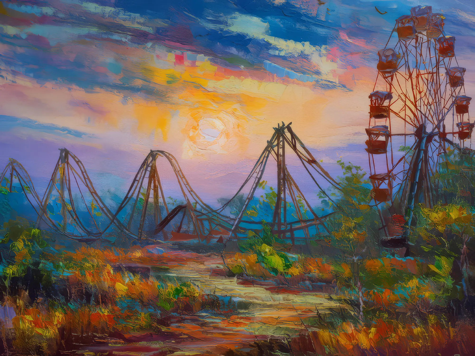 Painting: Abandoned Amusement Park at Twilight