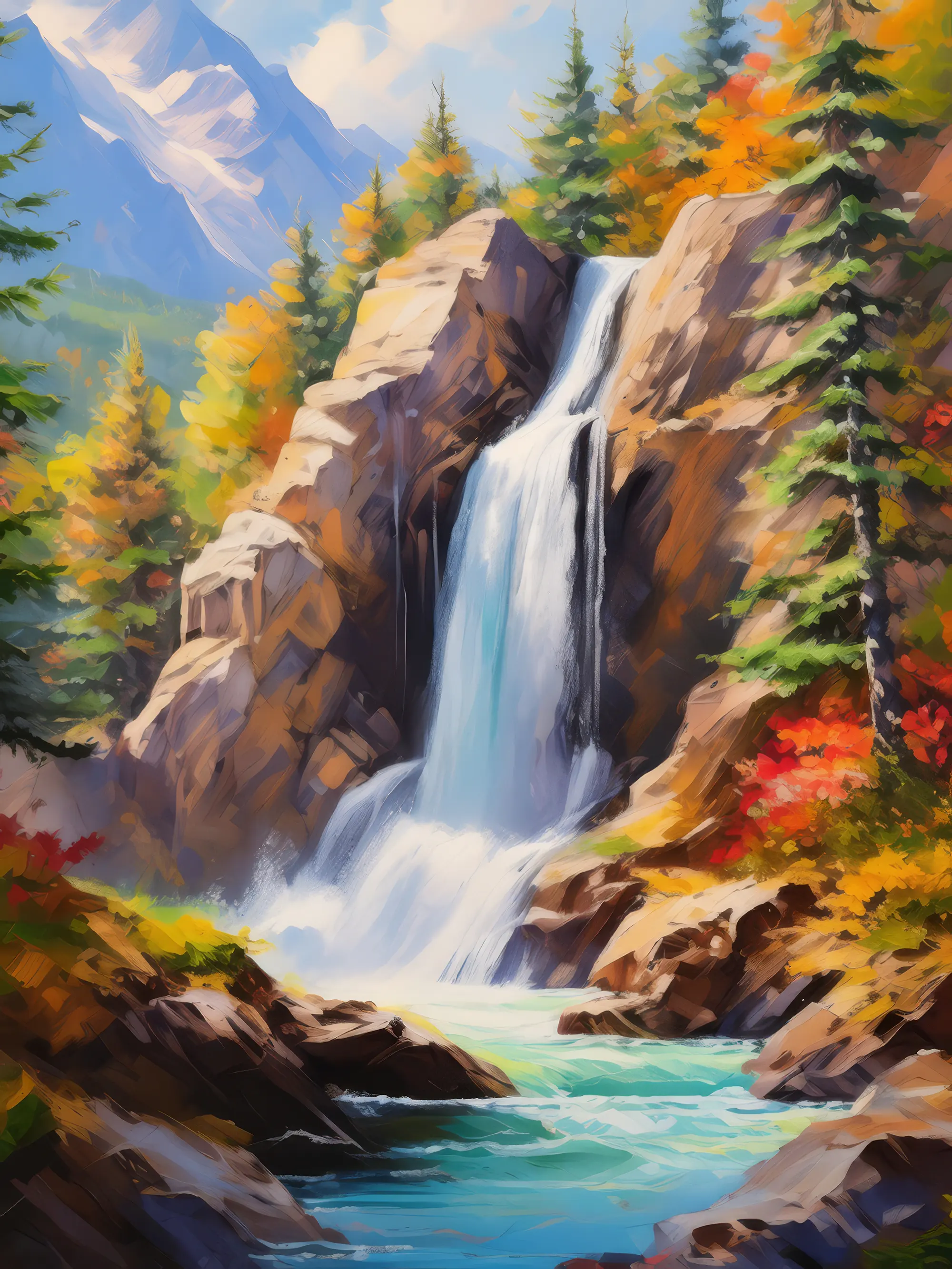 Painting: Alpine Forest Waterfall