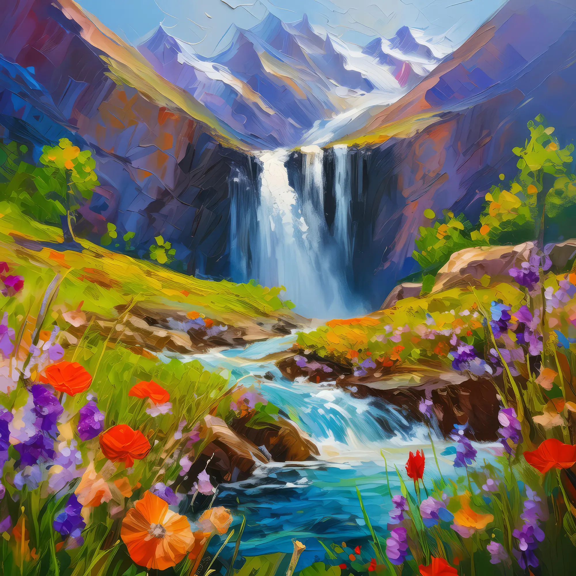 Painting: Alpine Meadow Waterfall