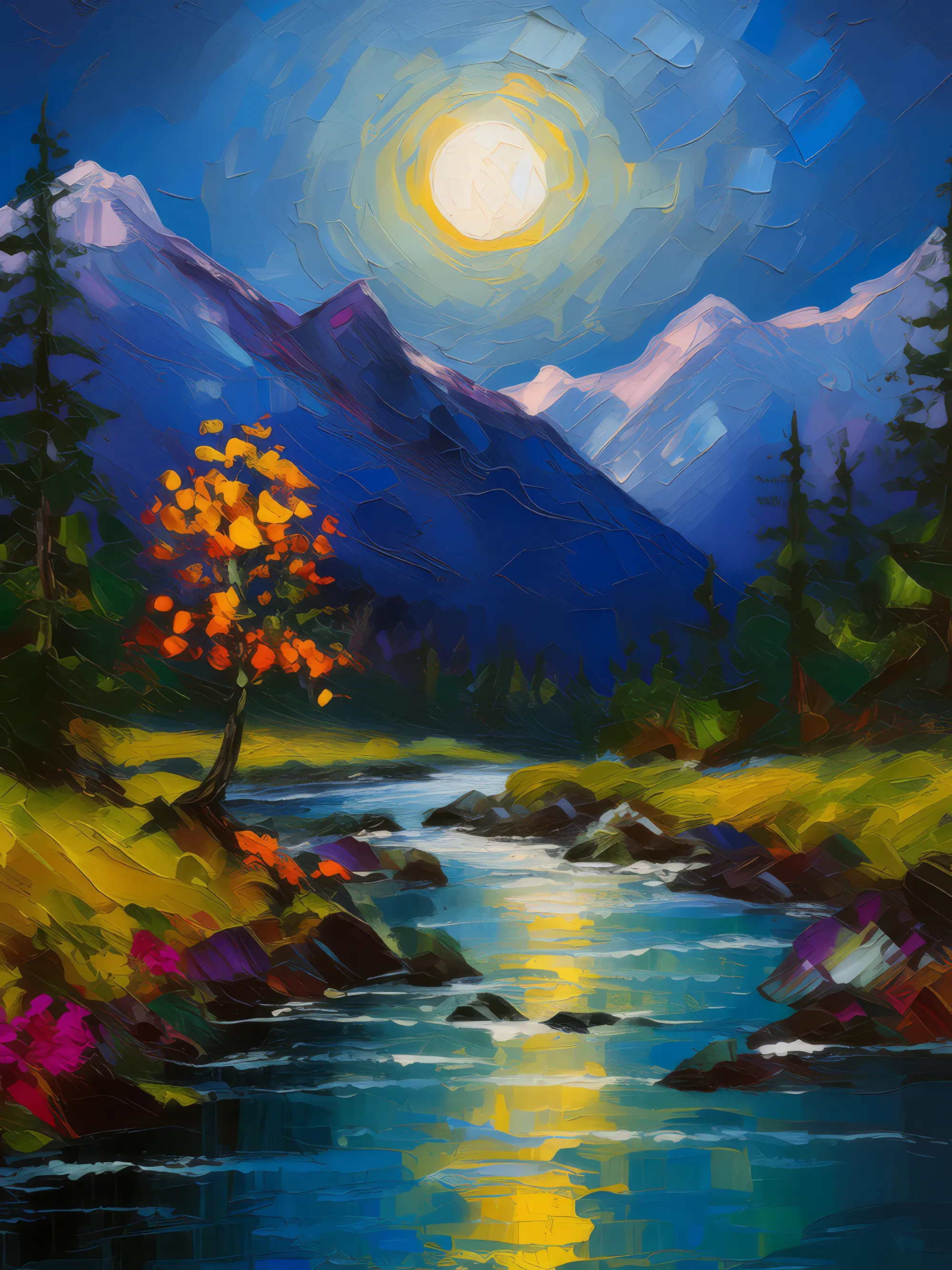 Painting: Alpine River by Moonlight