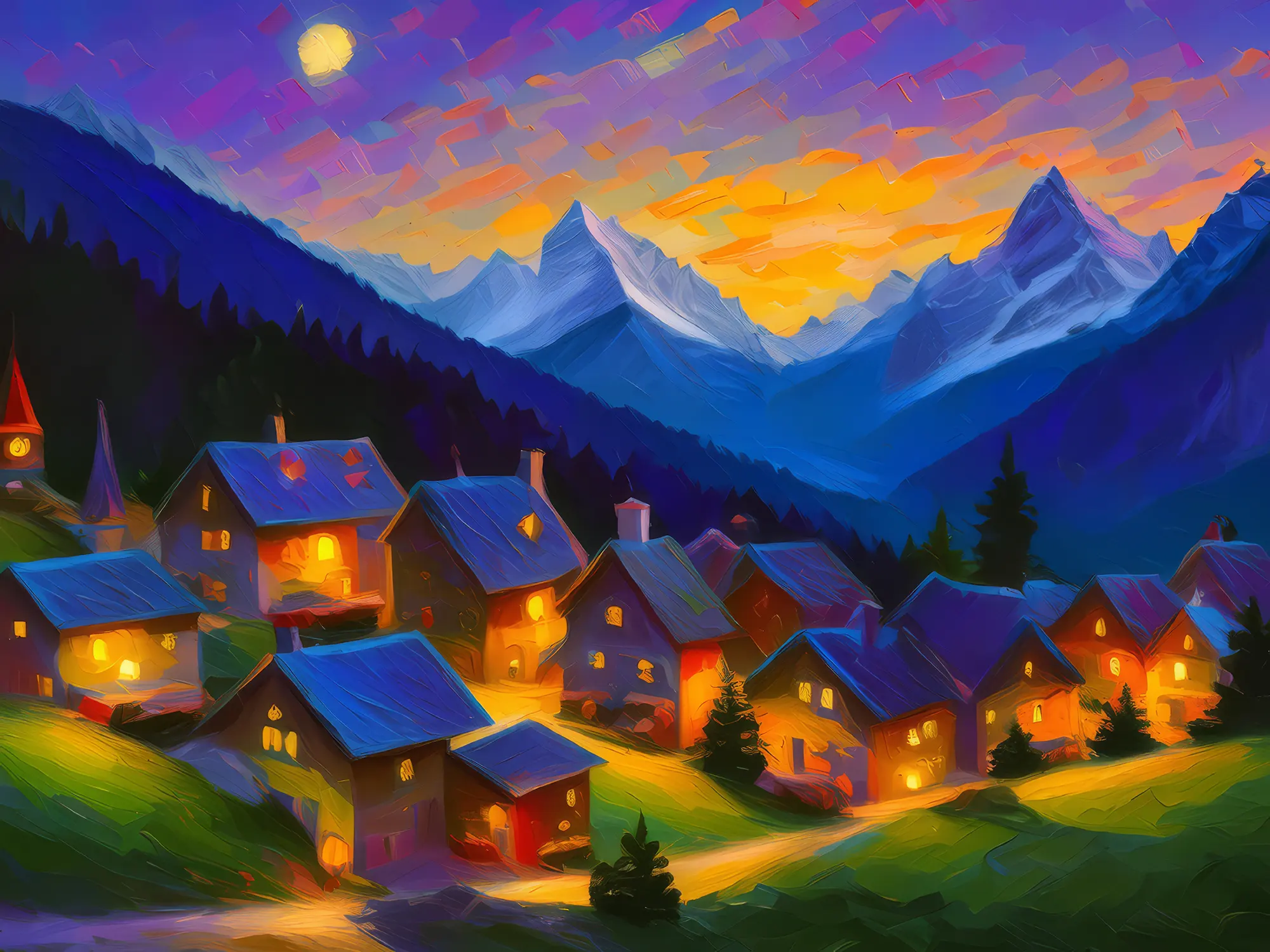 Painting: Alpine Village at Dusk