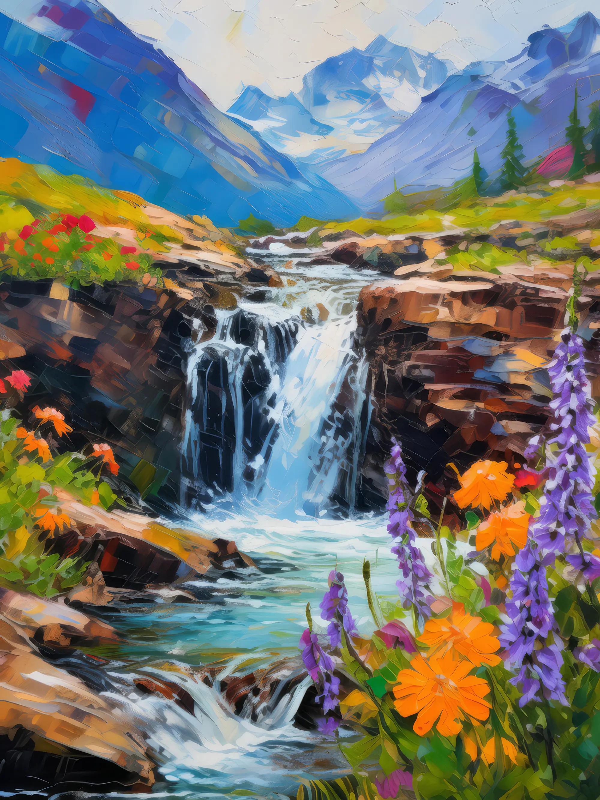 Painting: Alpine Waterfall Cascade