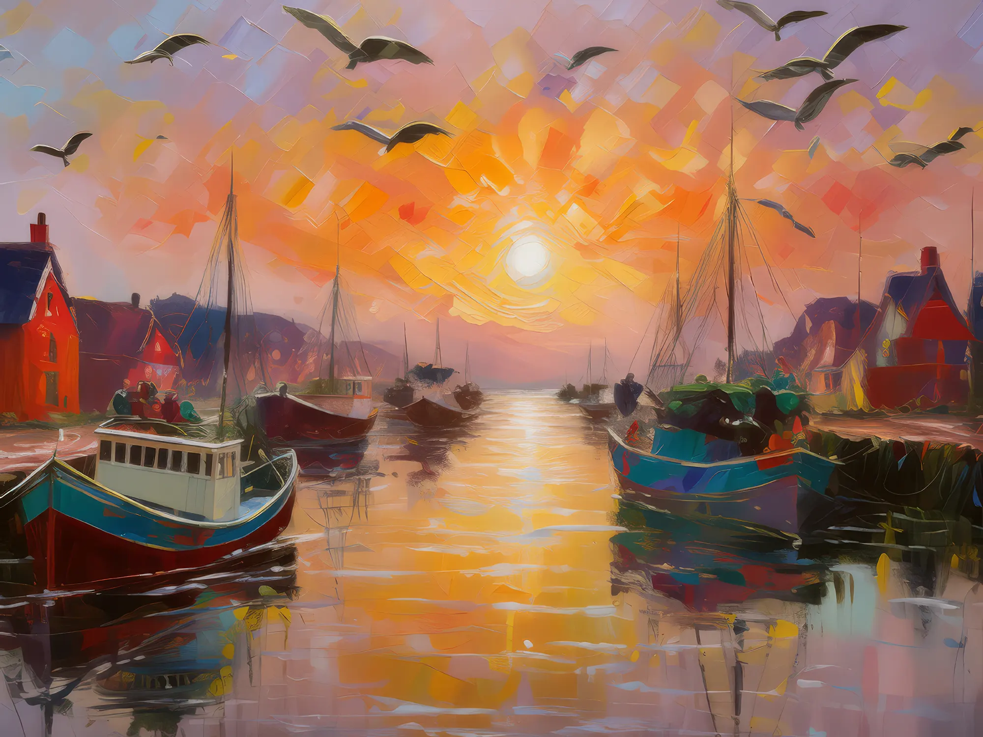 Painting: Busy Harbor at Sunrise