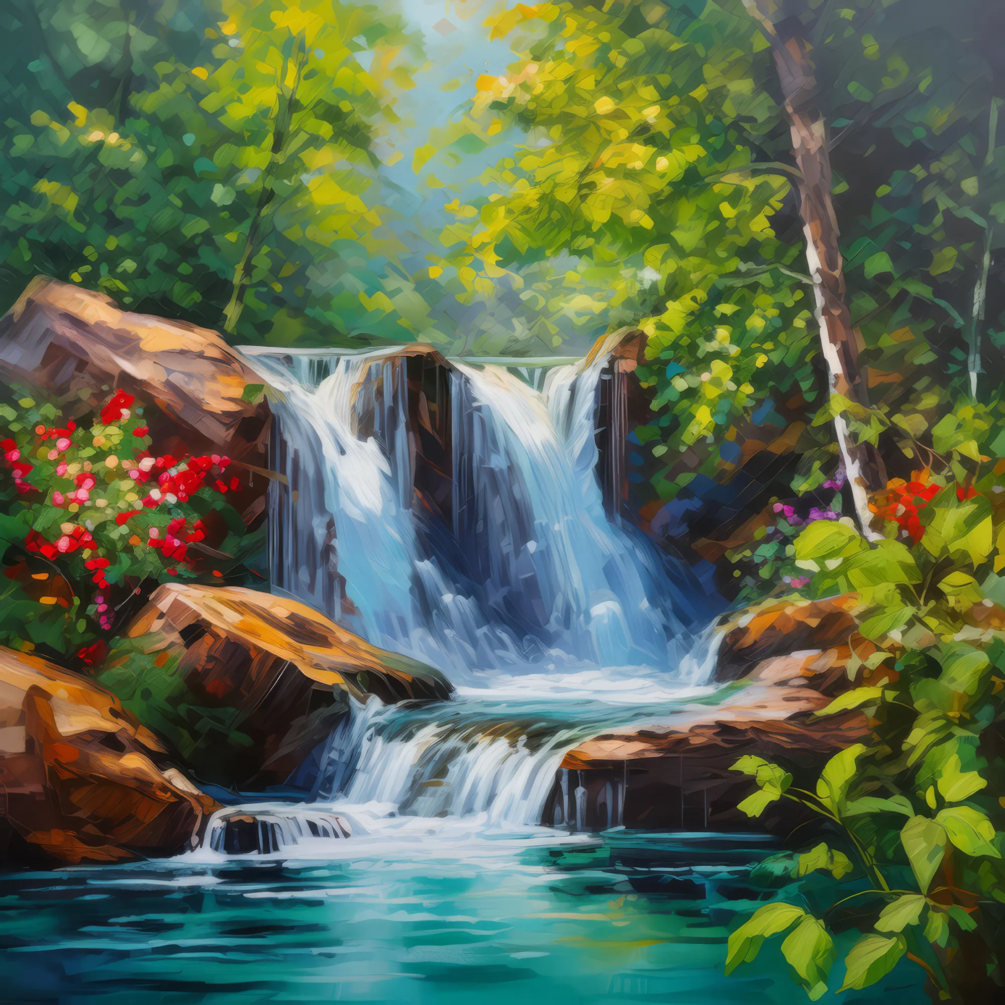 Painting: Cascading Forest Waterfall