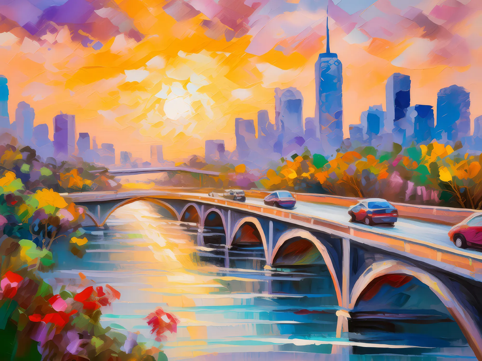 Painting: City Bridge at Sunset