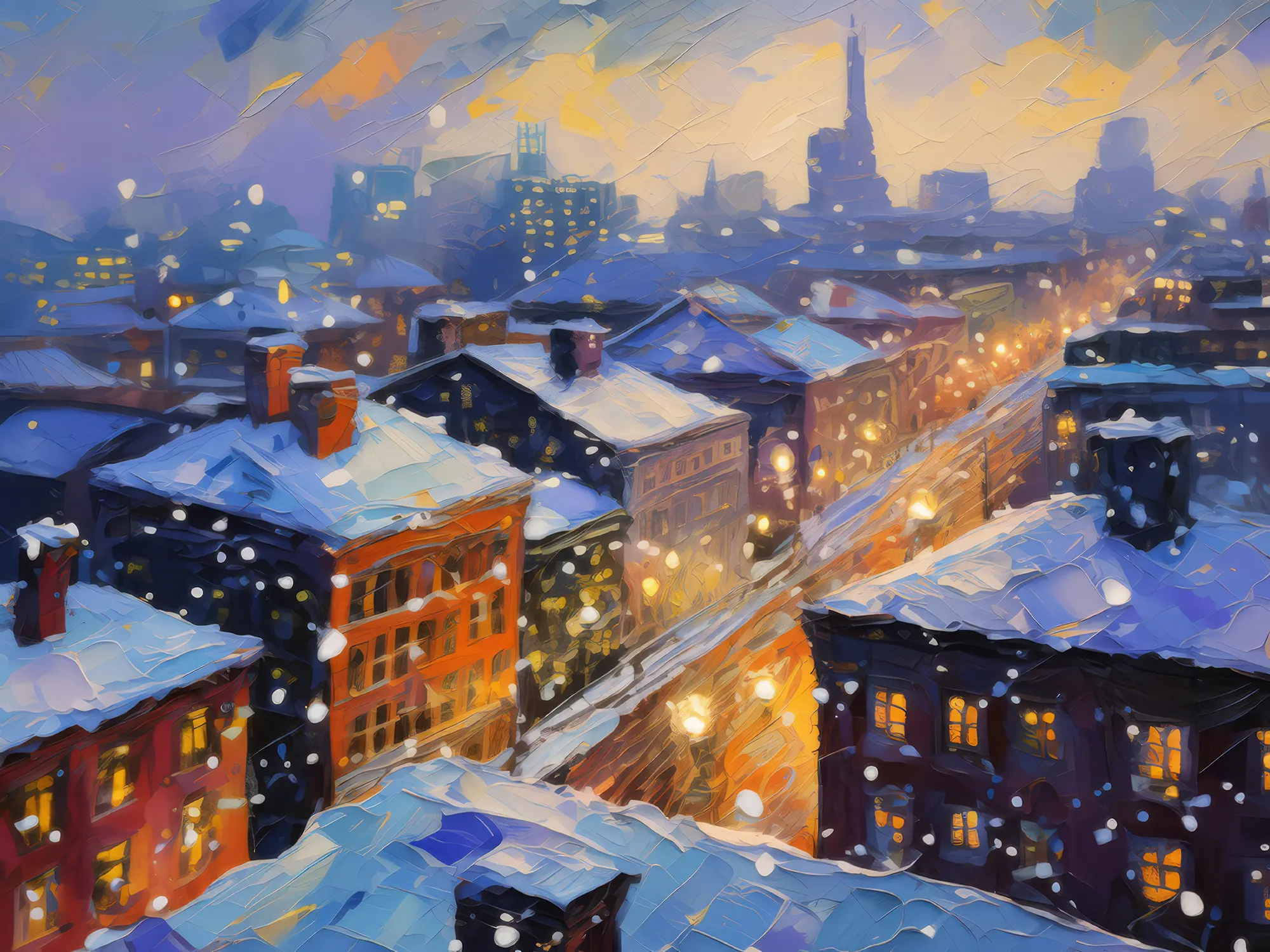 Painting: City Rooftop Snowfall