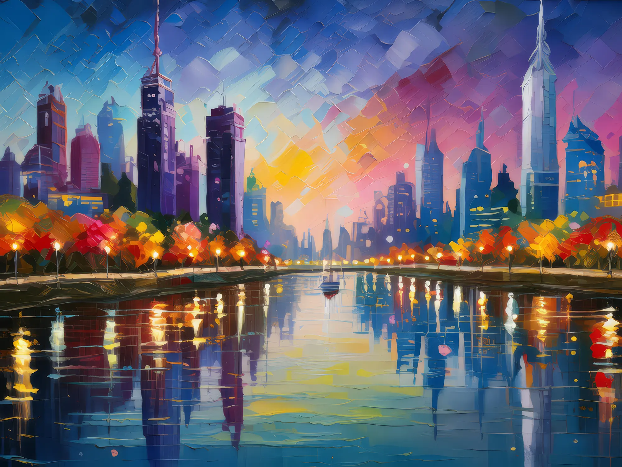 Painting: Cityscape Reflection in River