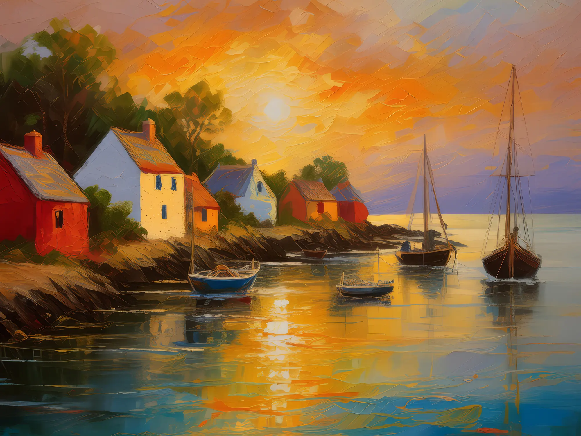 Painting: Coastal Fishing Village at Dusk