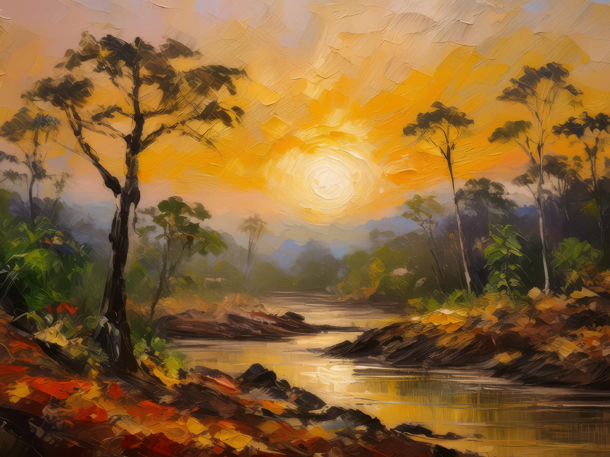 Painting: Dry Forest Sunrise View