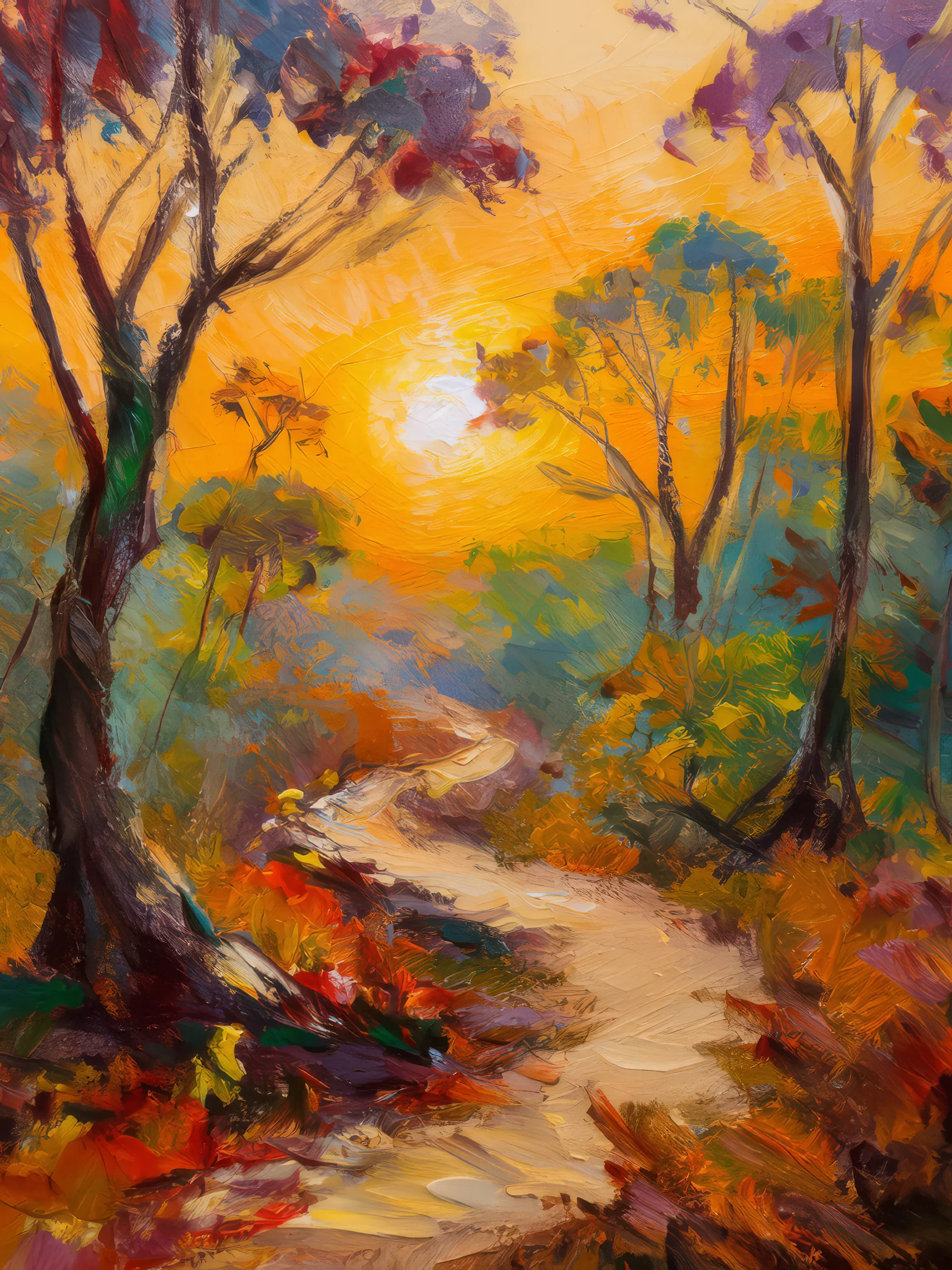 Painting: Dry Forest Sunset Path