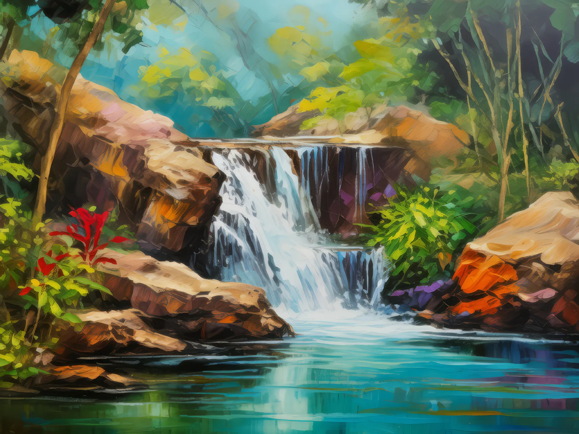 Painting: Dry Forest Waterfall Scene