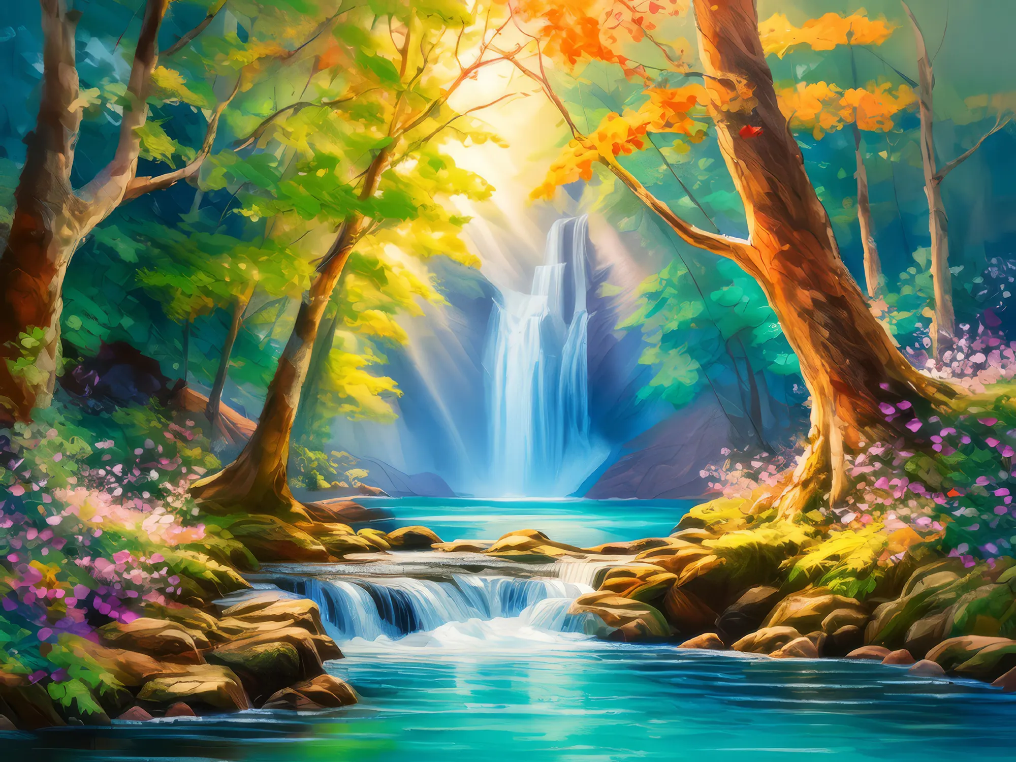 Painting: Enchanted Woodland Waterfall