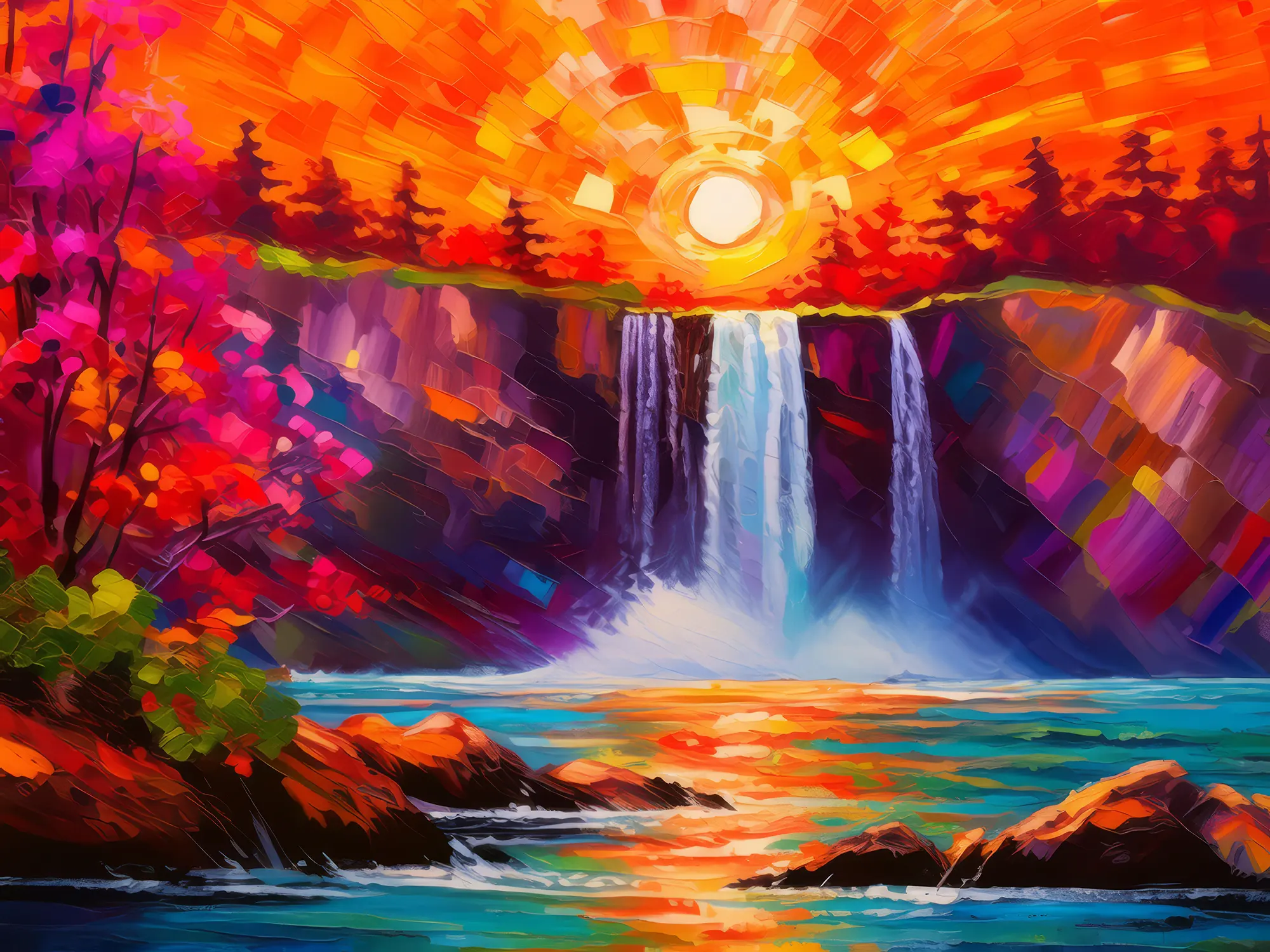 Painting: Fiery Sunset Behind Waterfall