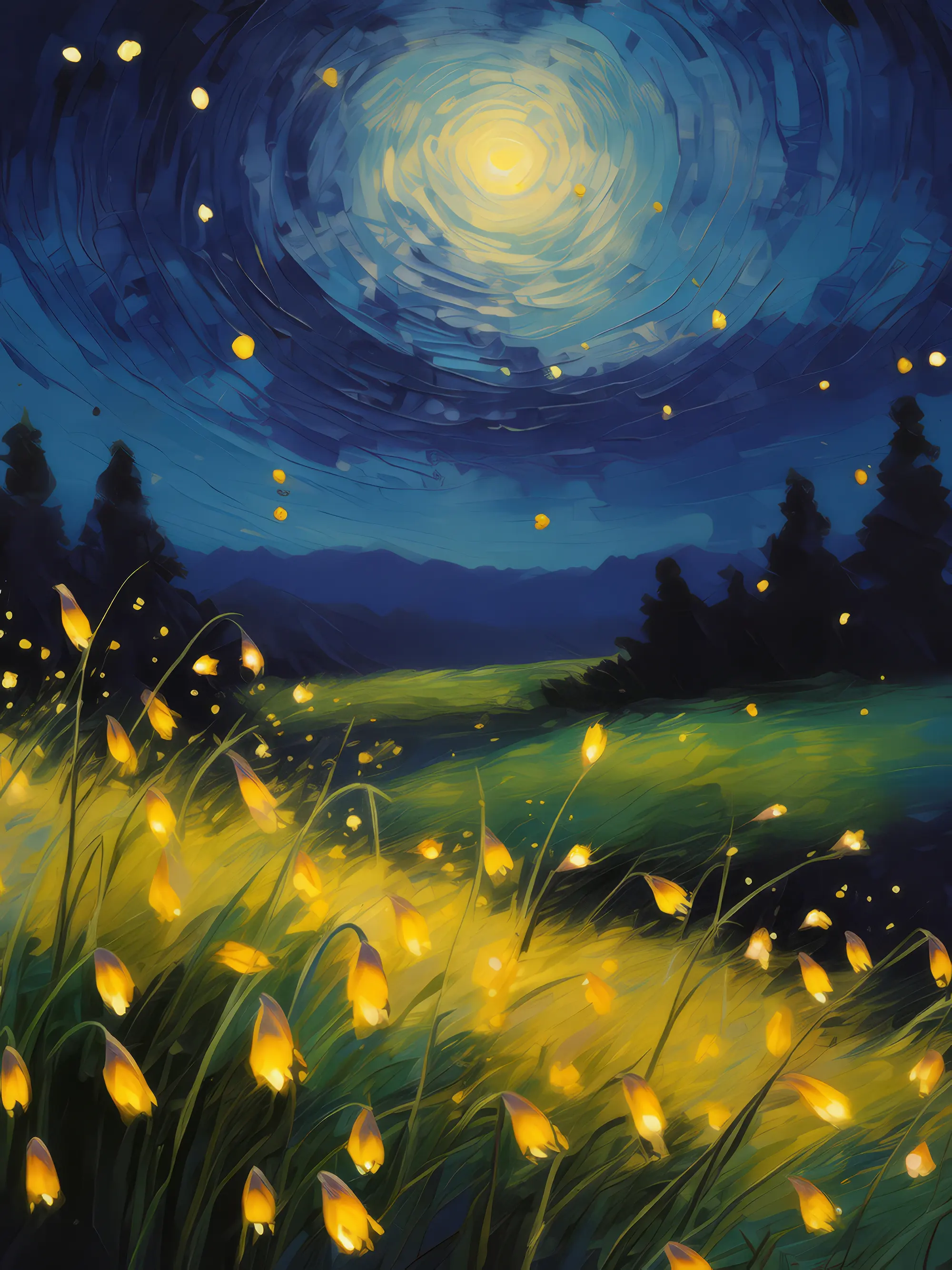 Painting: Fireflies at Dusk in Grassland