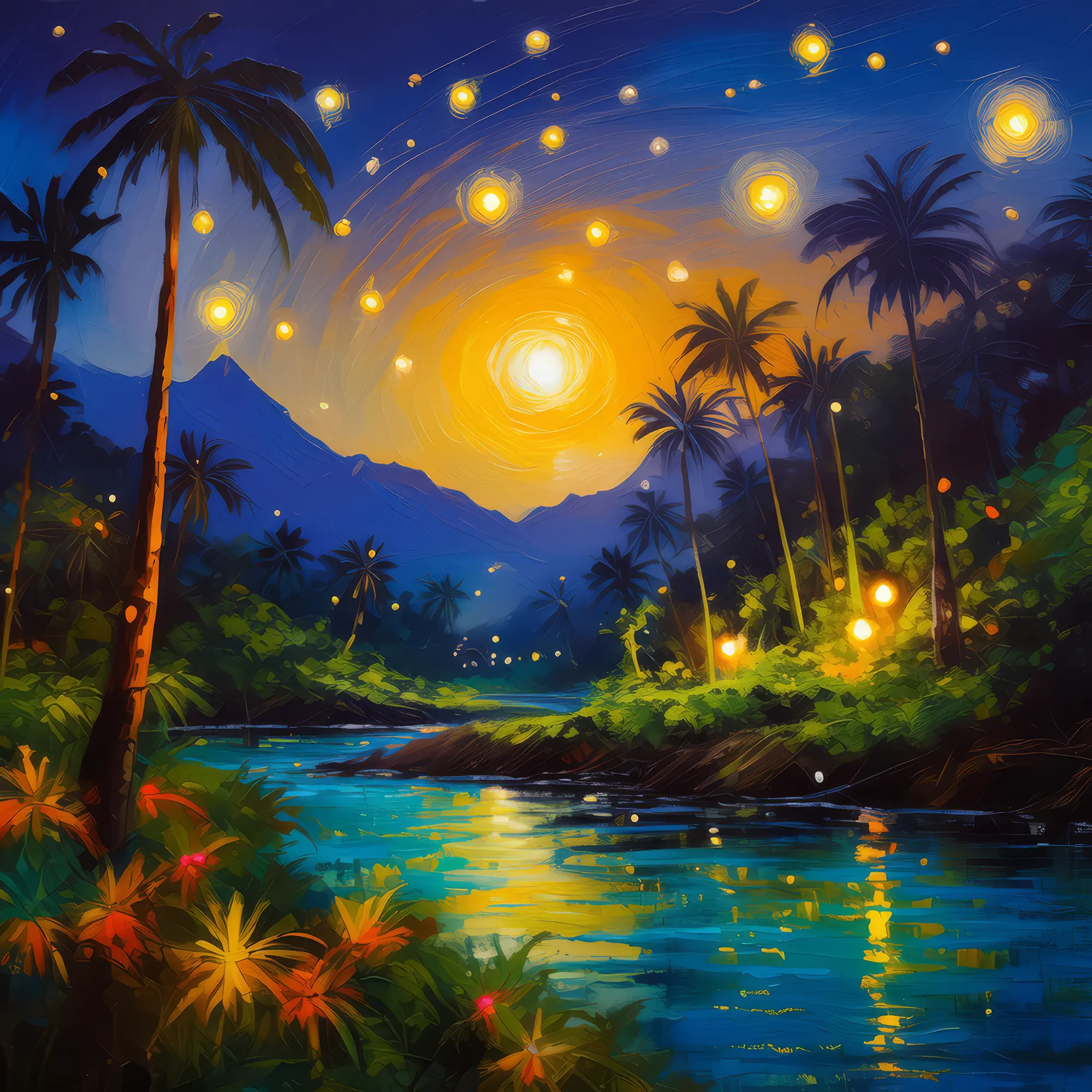 Painting: Fireflies at Jungle Dusk