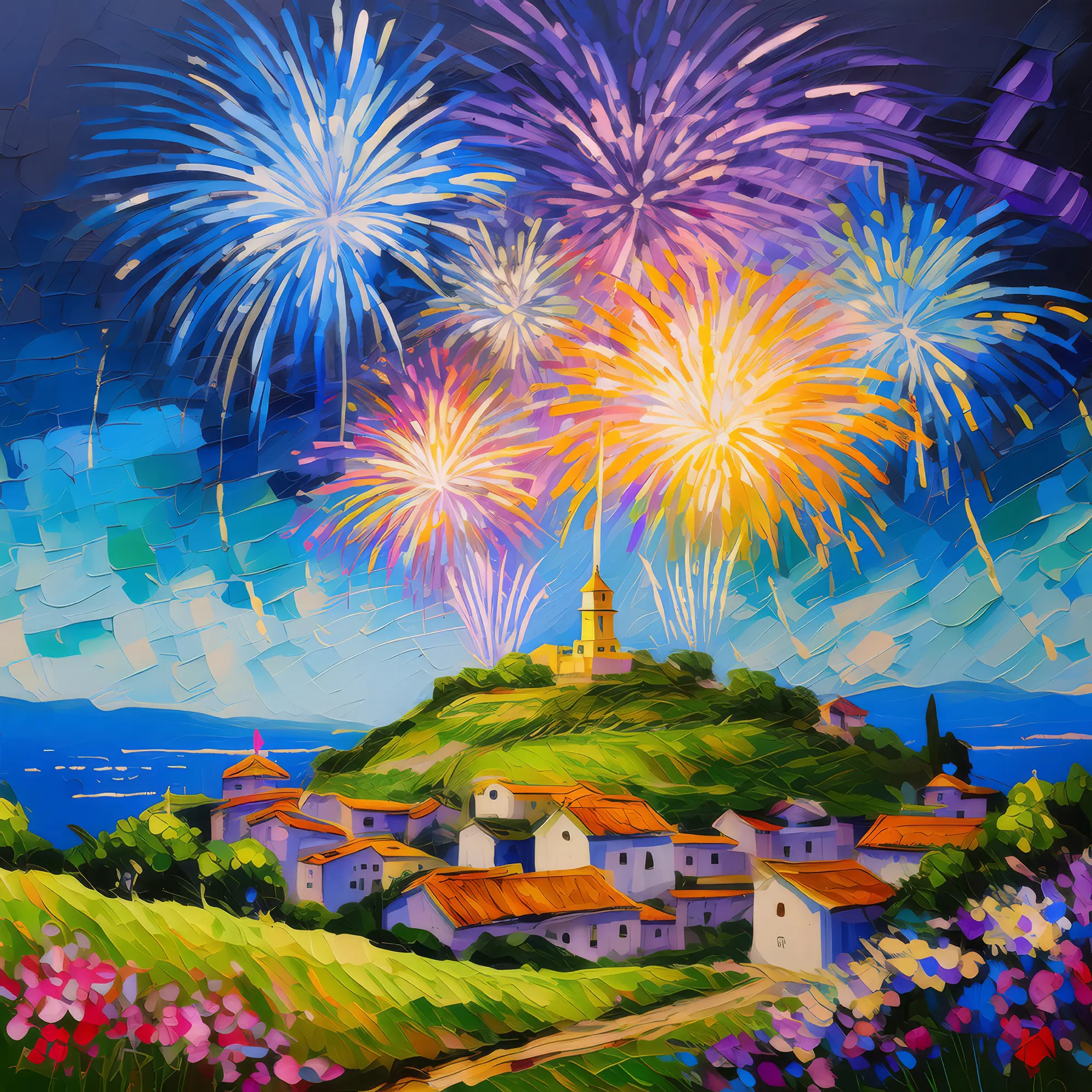 Painting: Fireworks Display over the Hill