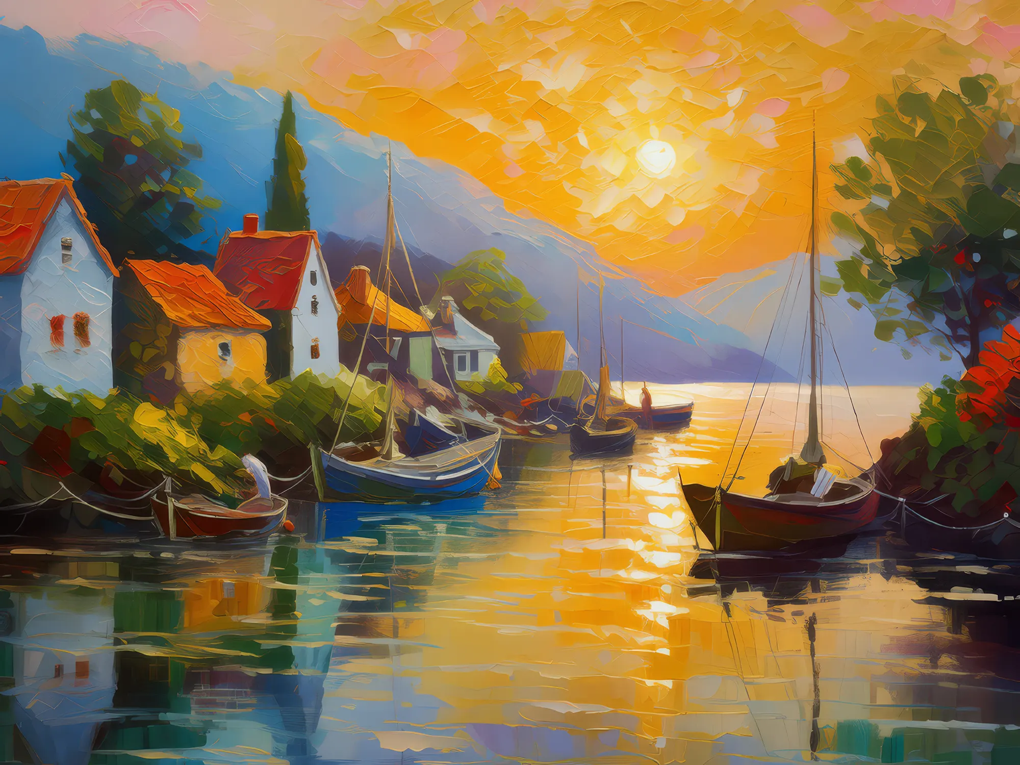 Painting: Fishing Village at Sunrise