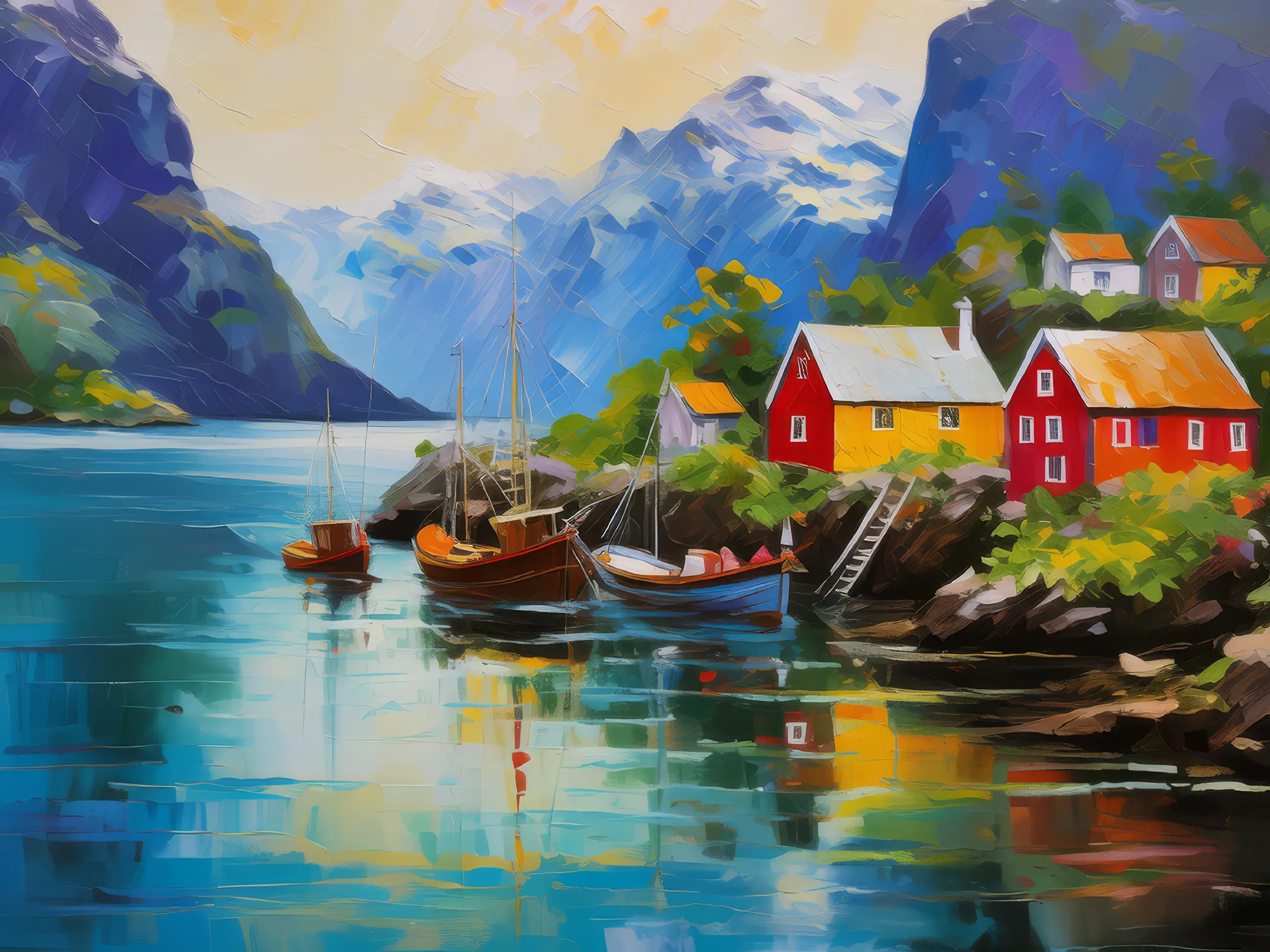 Painting: Fjord Fishing Village Life