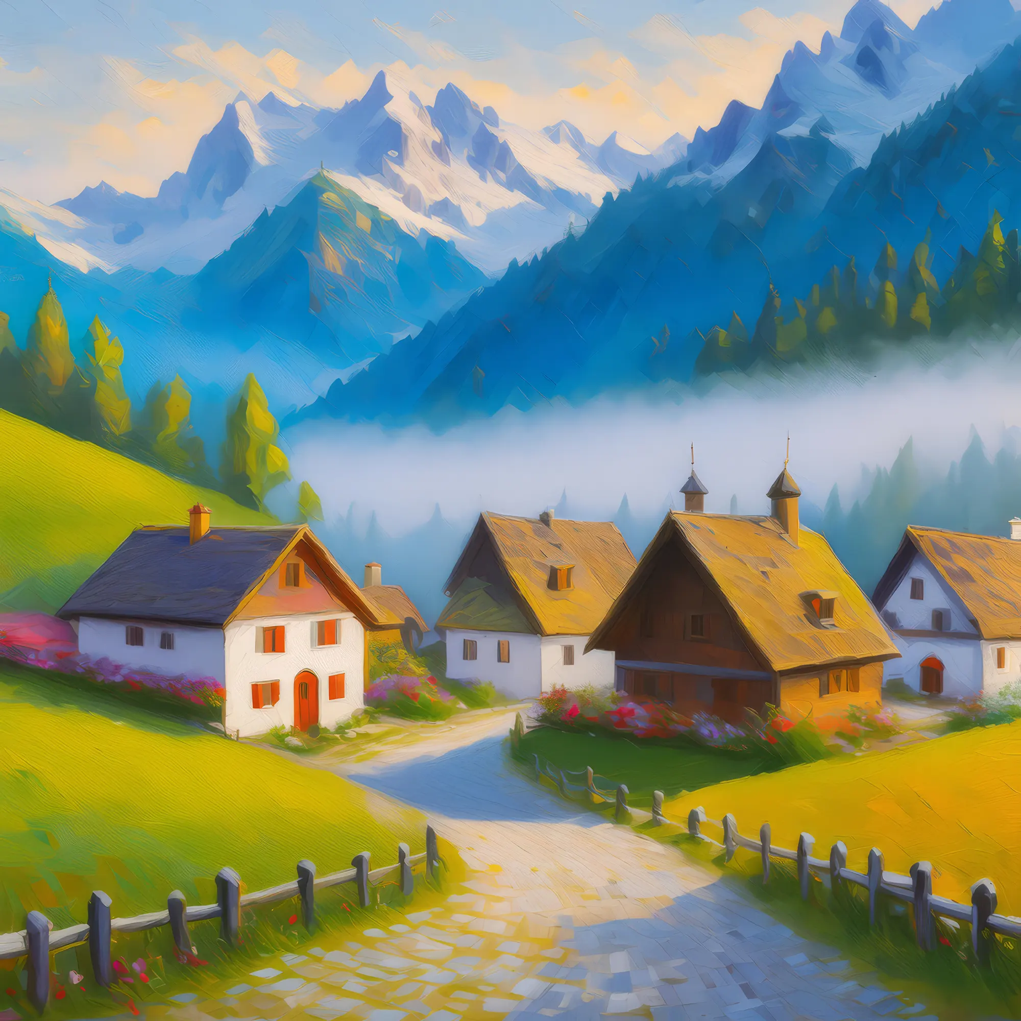 Painting: Foggy Alpine Village Morning