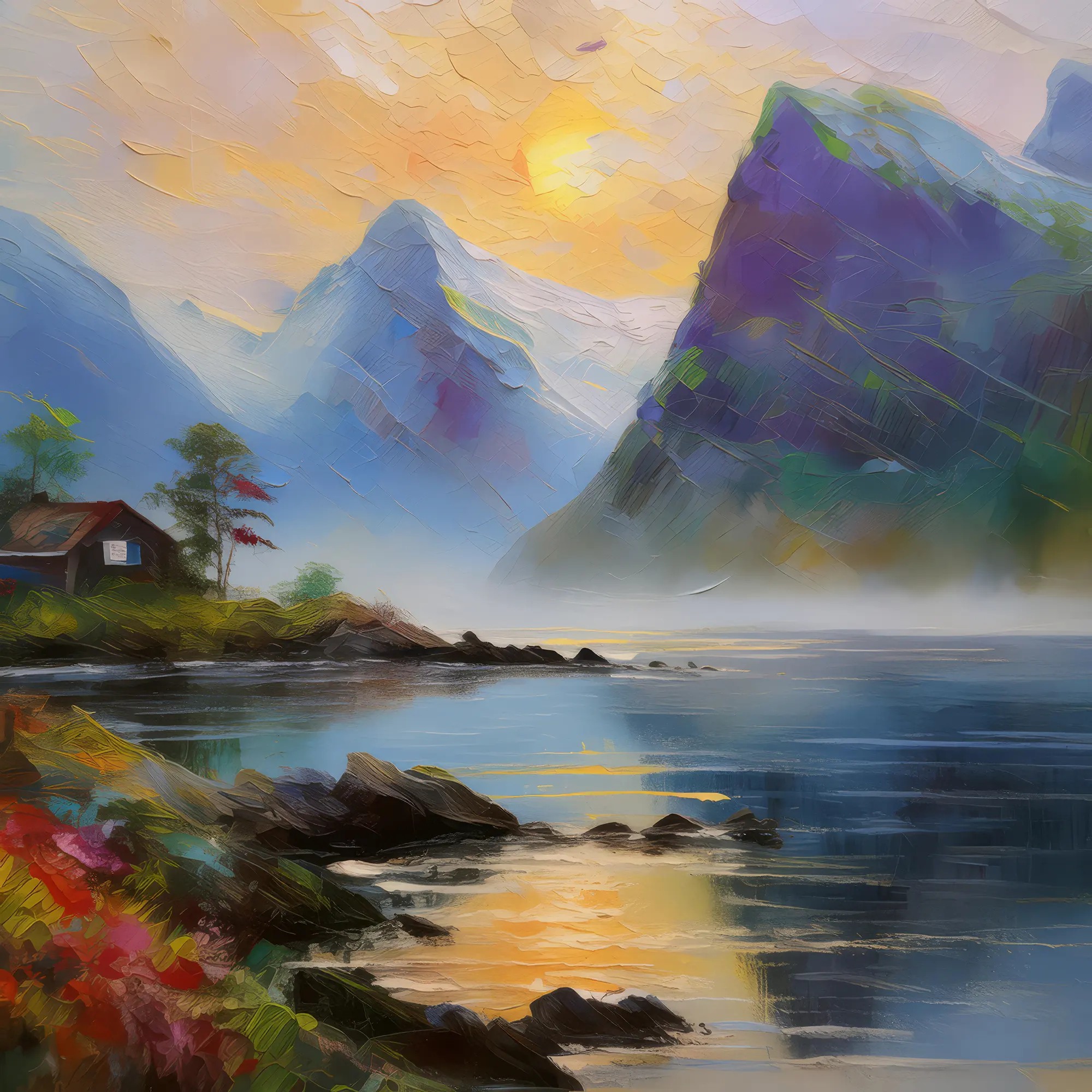 Painting: Foggy Dawn at the Fjord