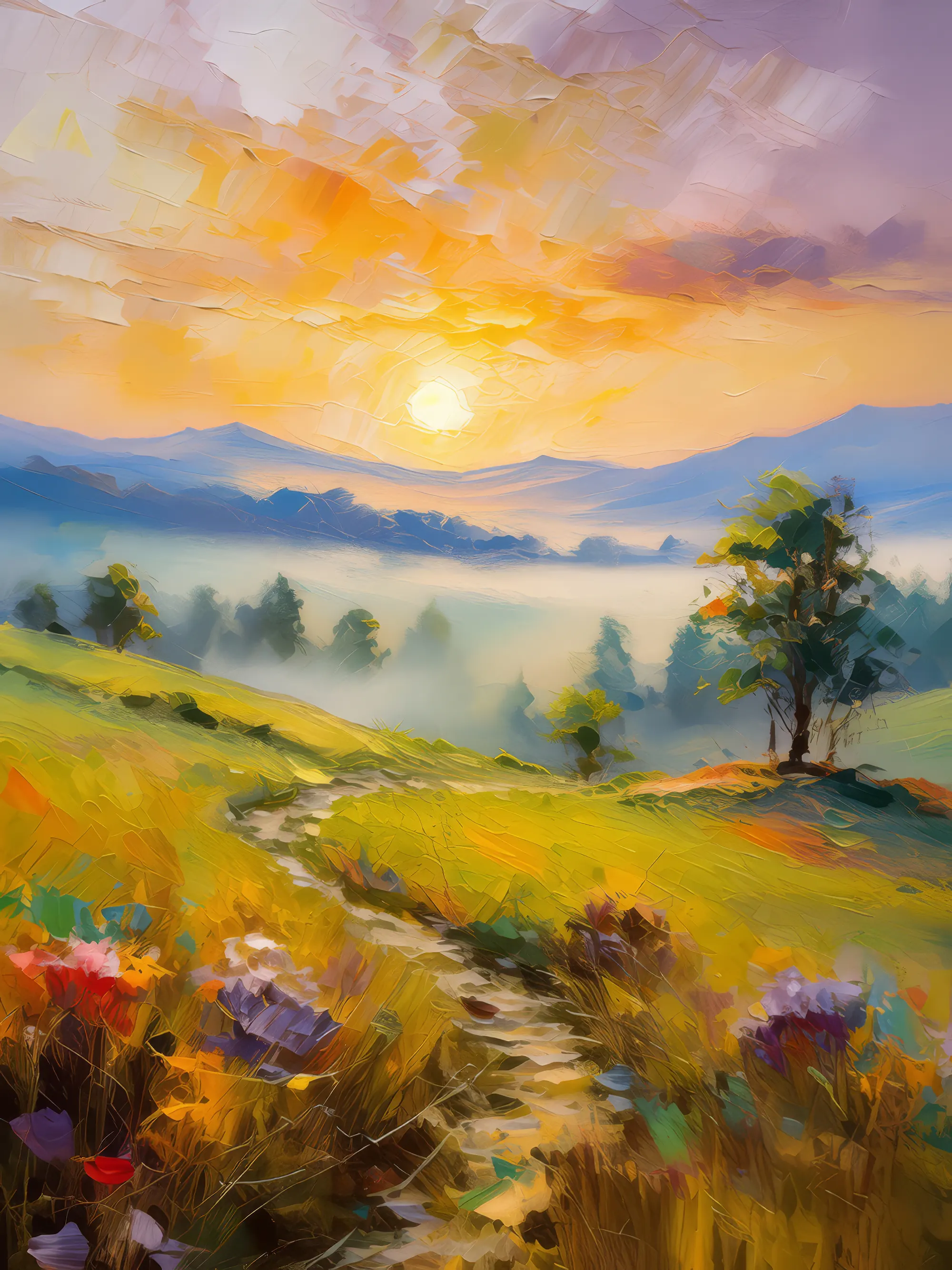 Painting: Foggy Dawn on Grassland