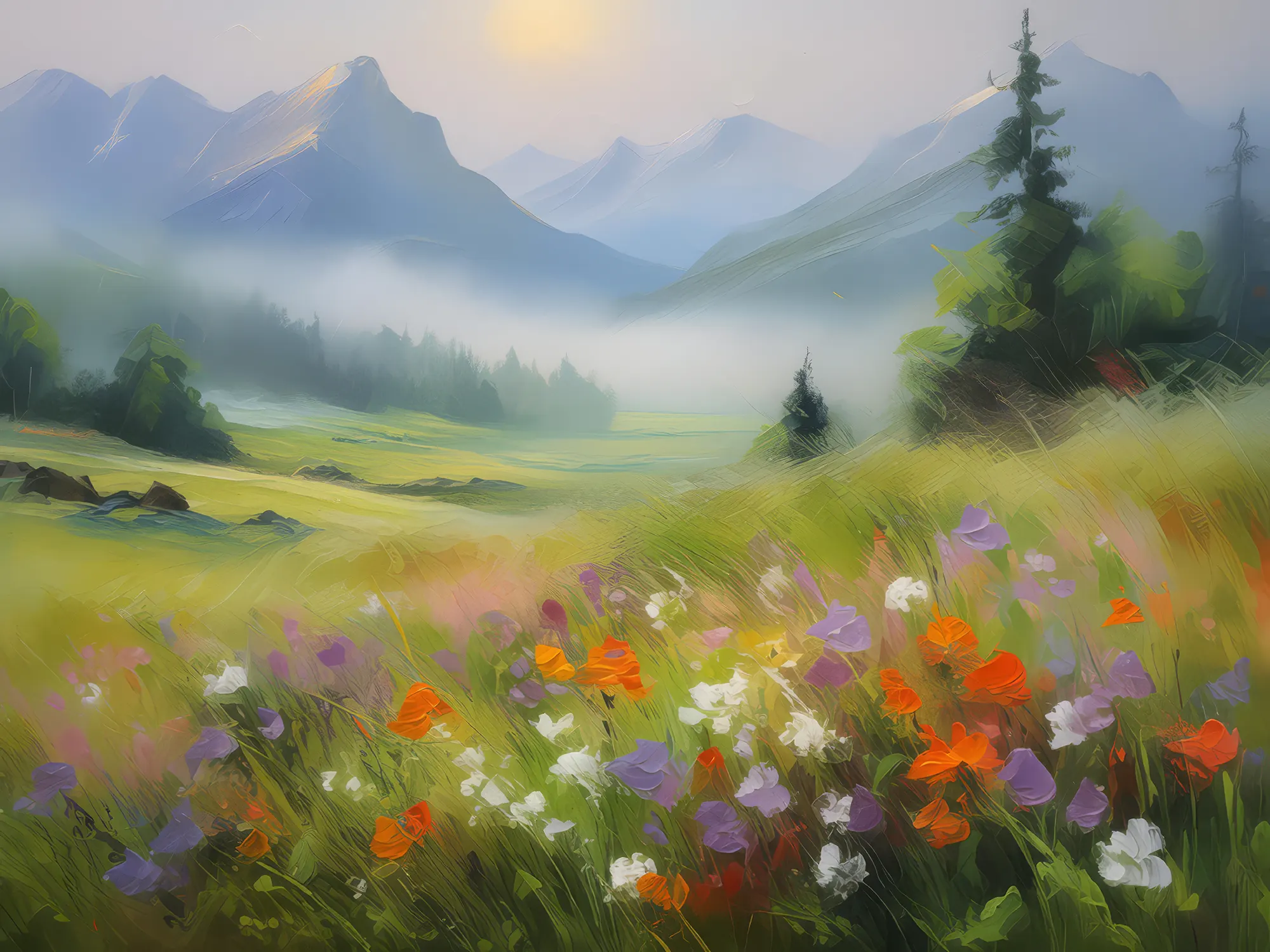 Painting: Foggy Highland Meadow