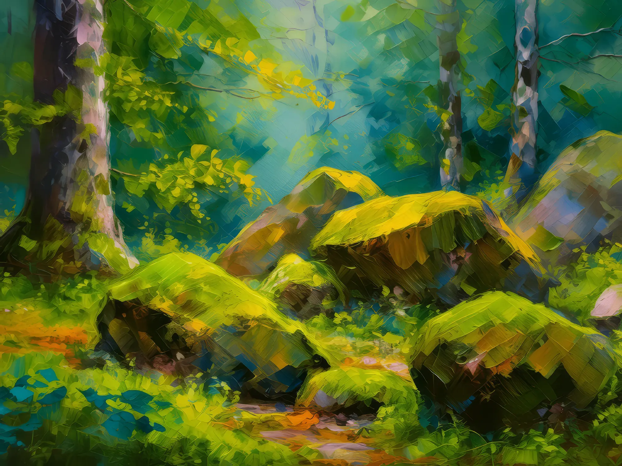 Painting: Forest Mossy Rocks
