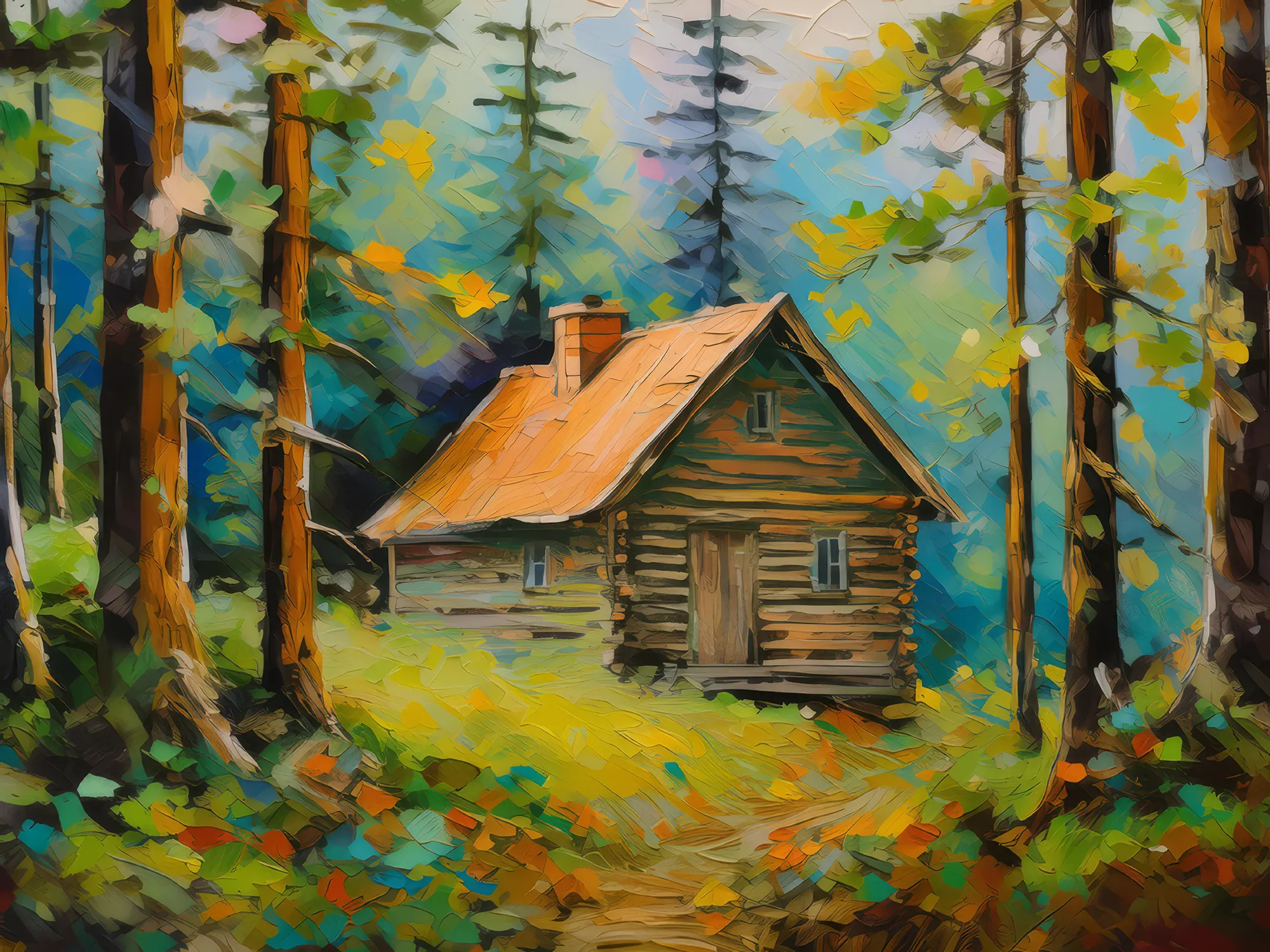 Painting: Forest Wooden Cabin