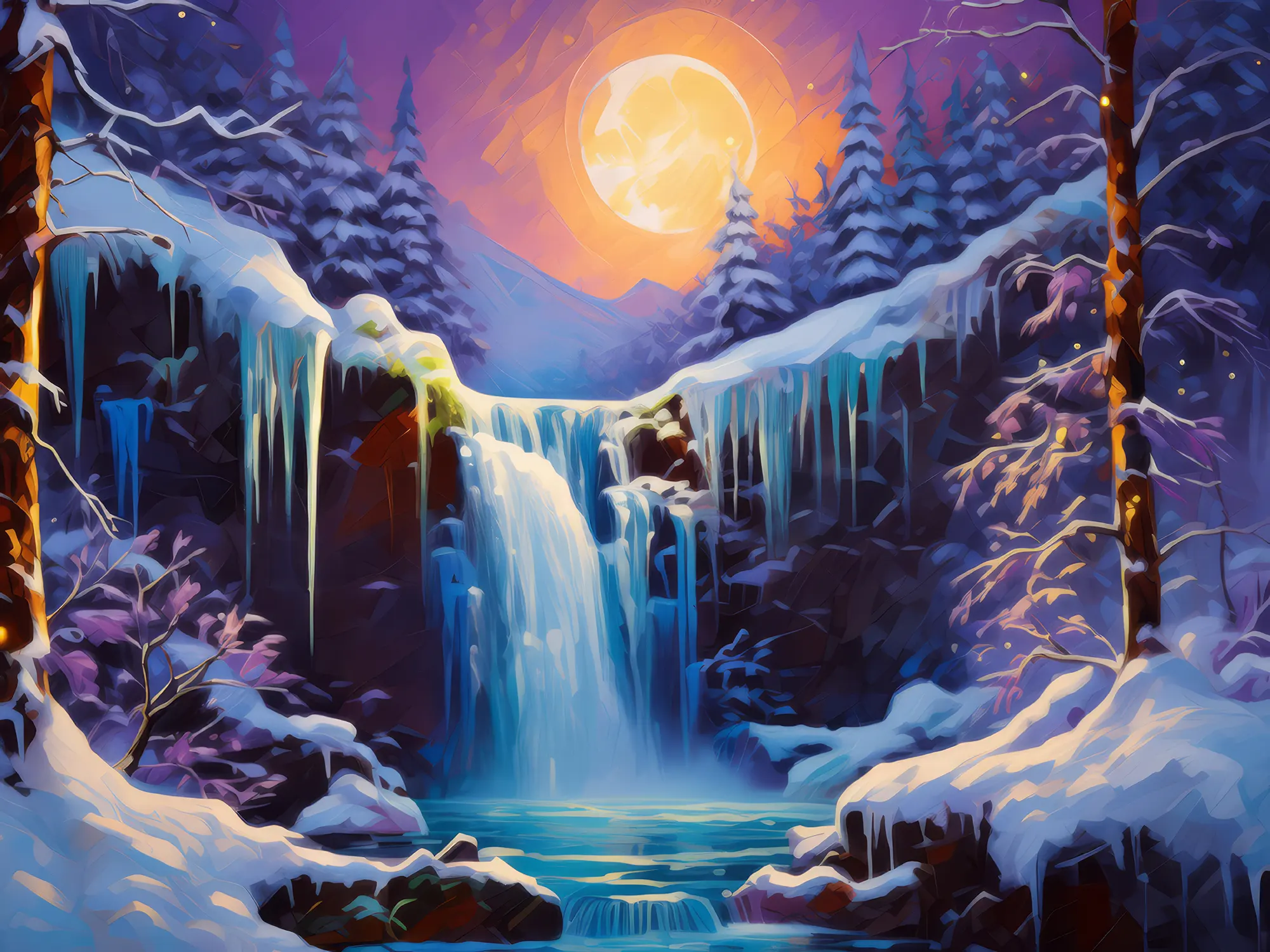 Painting: Frozen Waterfall by Moonlight