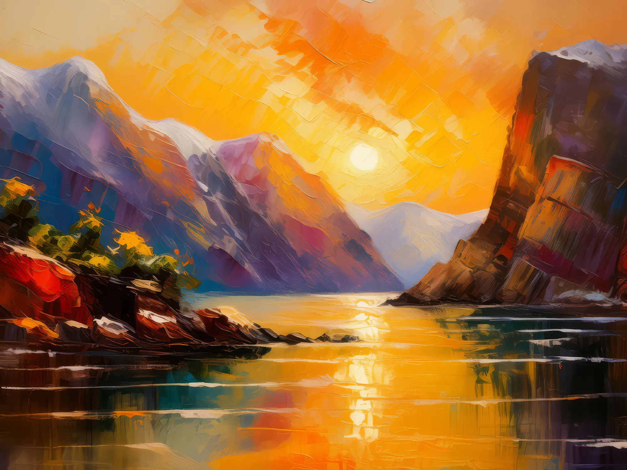 Painting: Golden Sunset Along the Fjord