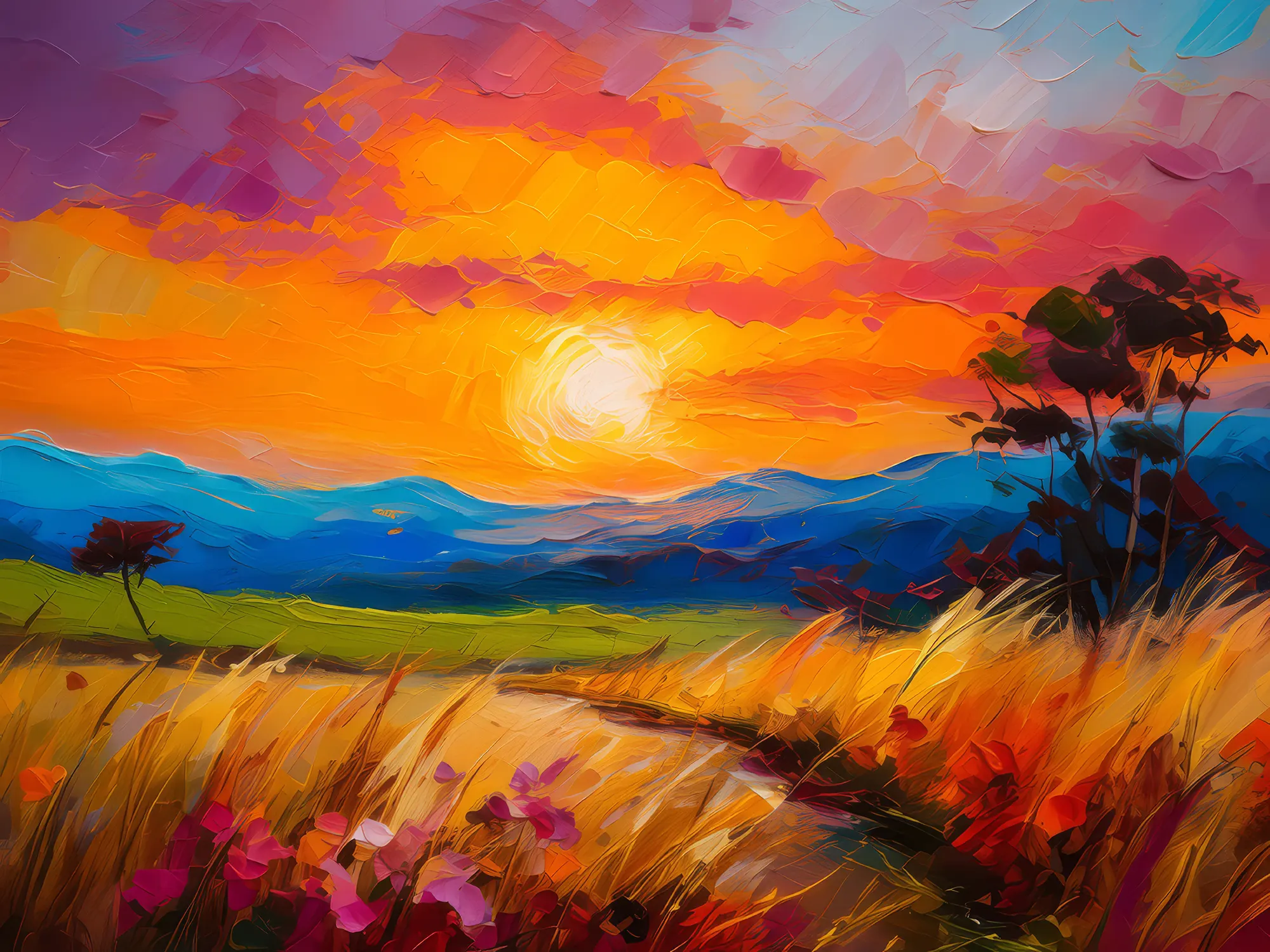 Painting: Grassland Sunset Silhouette