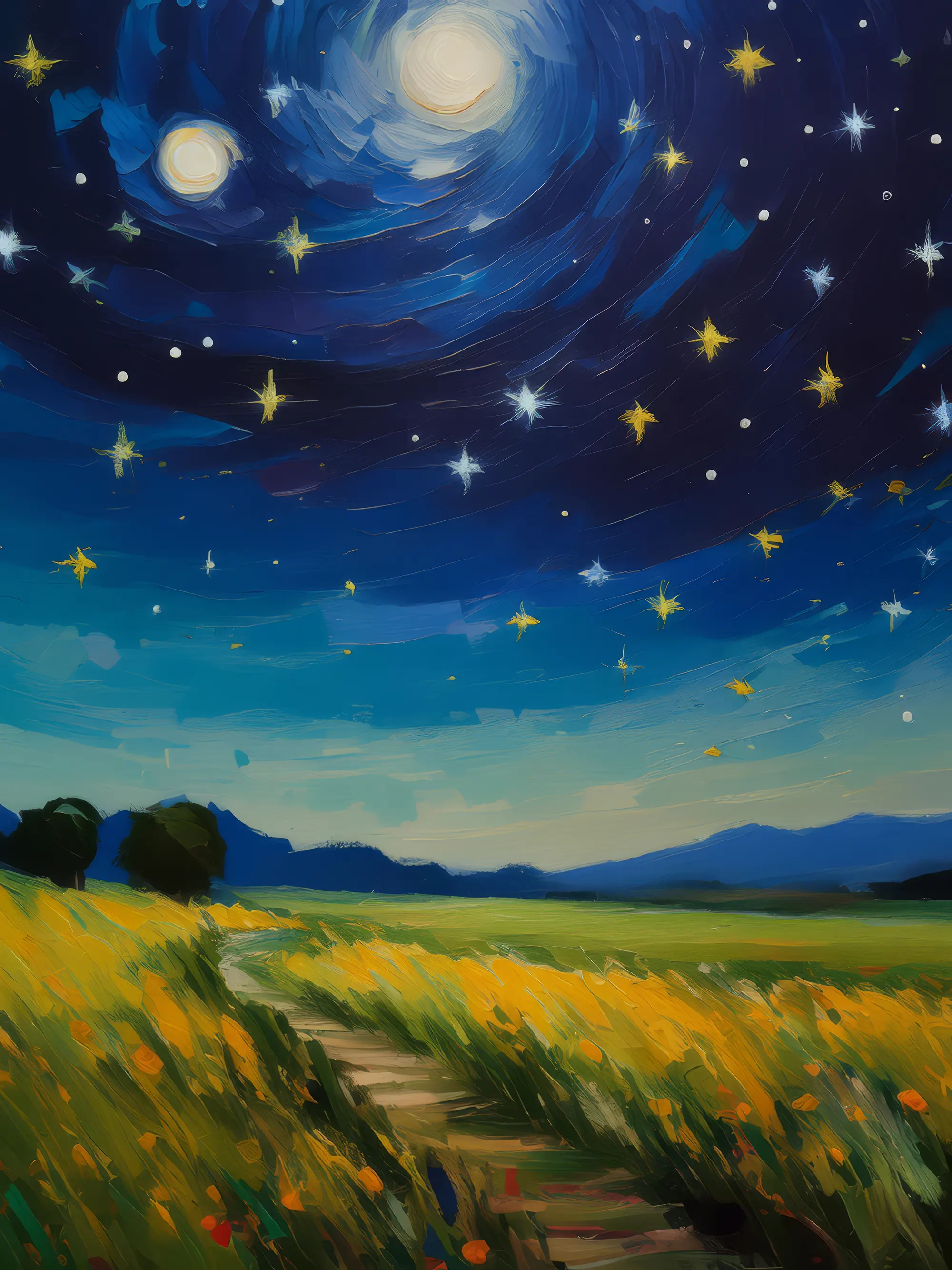 Painting: Grassland under Starry Sky