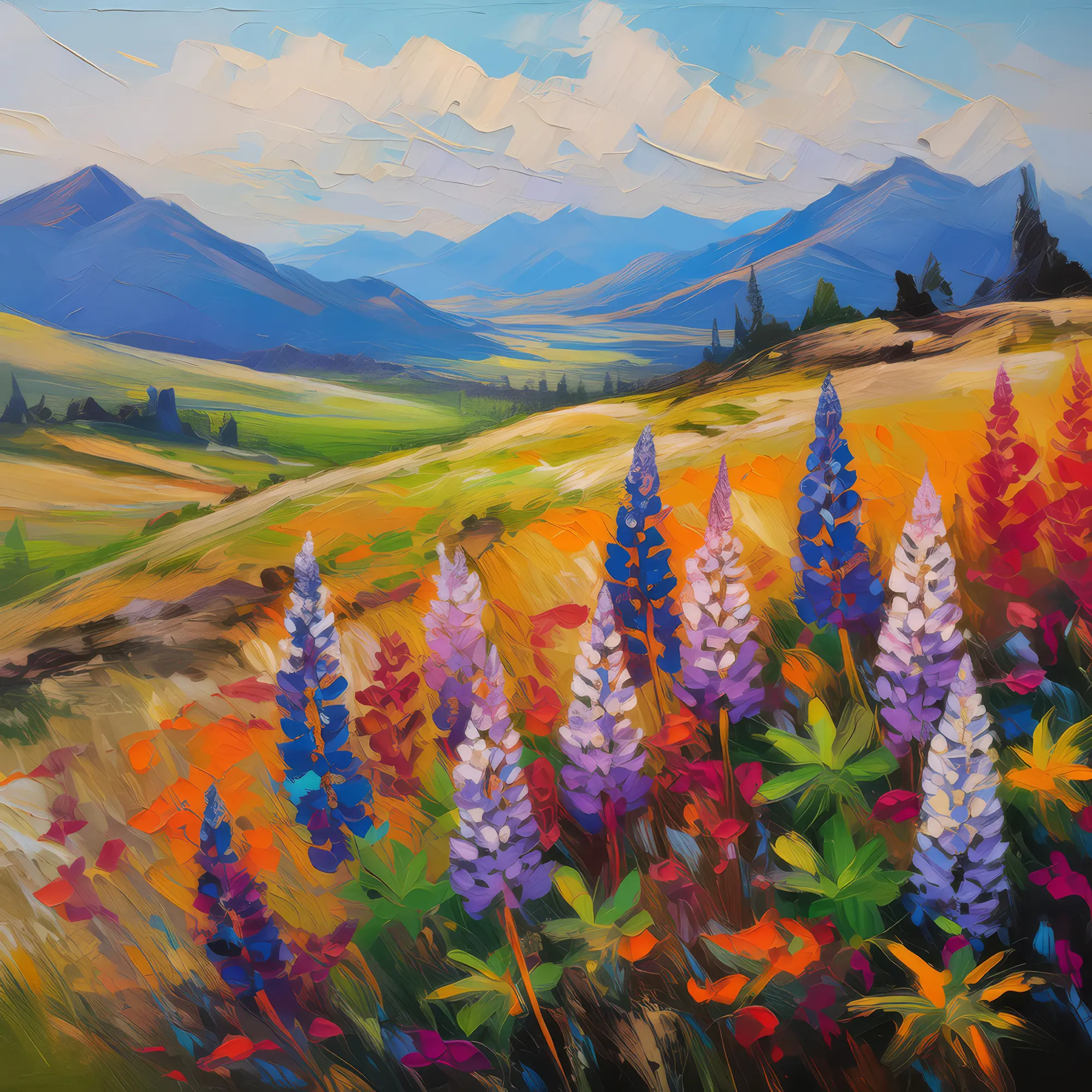 Painting: Grassland with Blooming Lupines