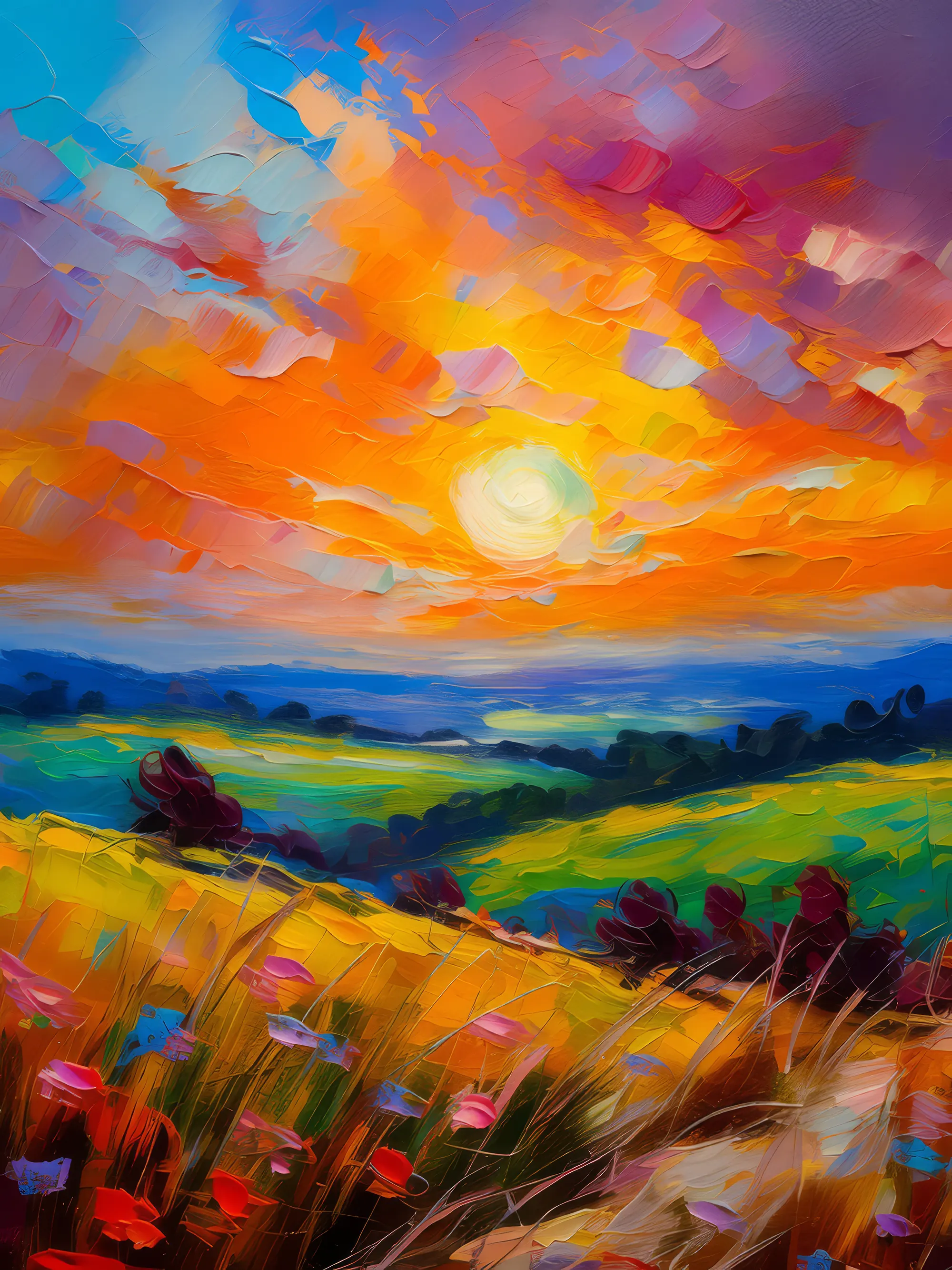 Painting: Grassland with Colorful Sunset