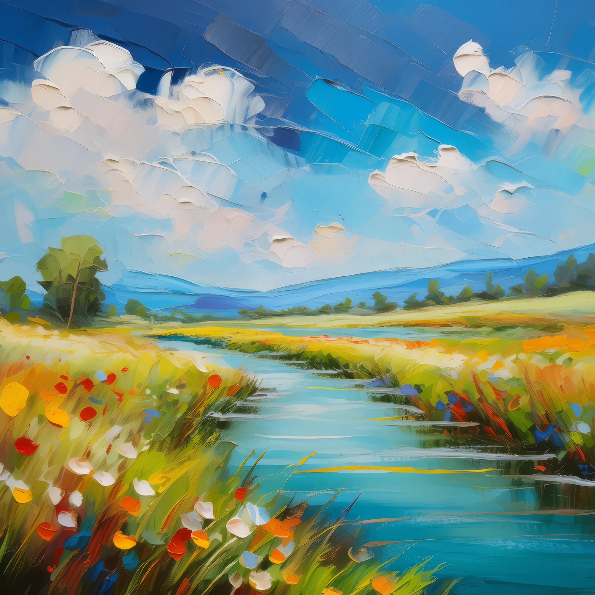 Painting: Grassland with Flowing River