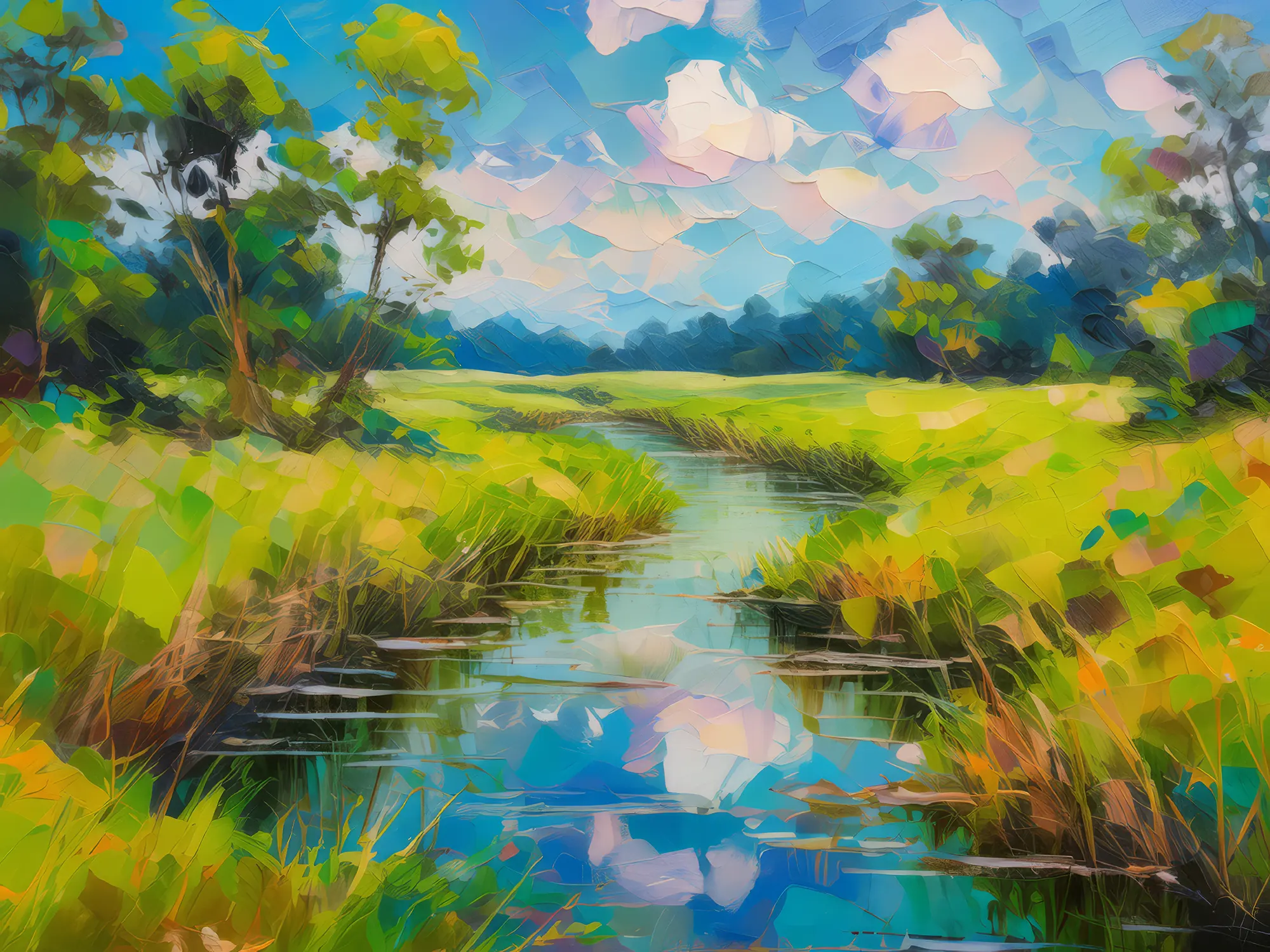 Painting: Grassland with a Creek Crossing