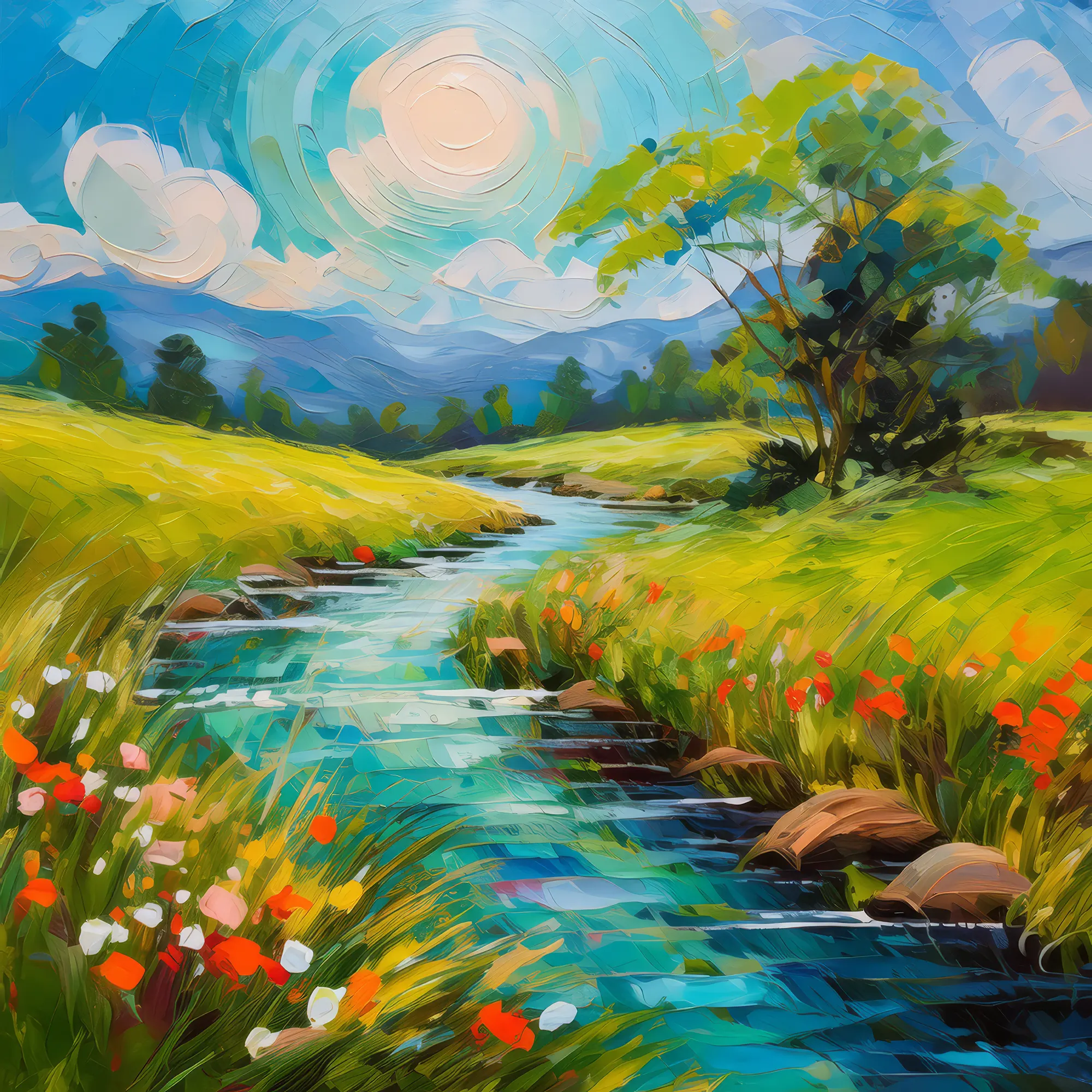 Painting: Grassland with a Glistening Stream