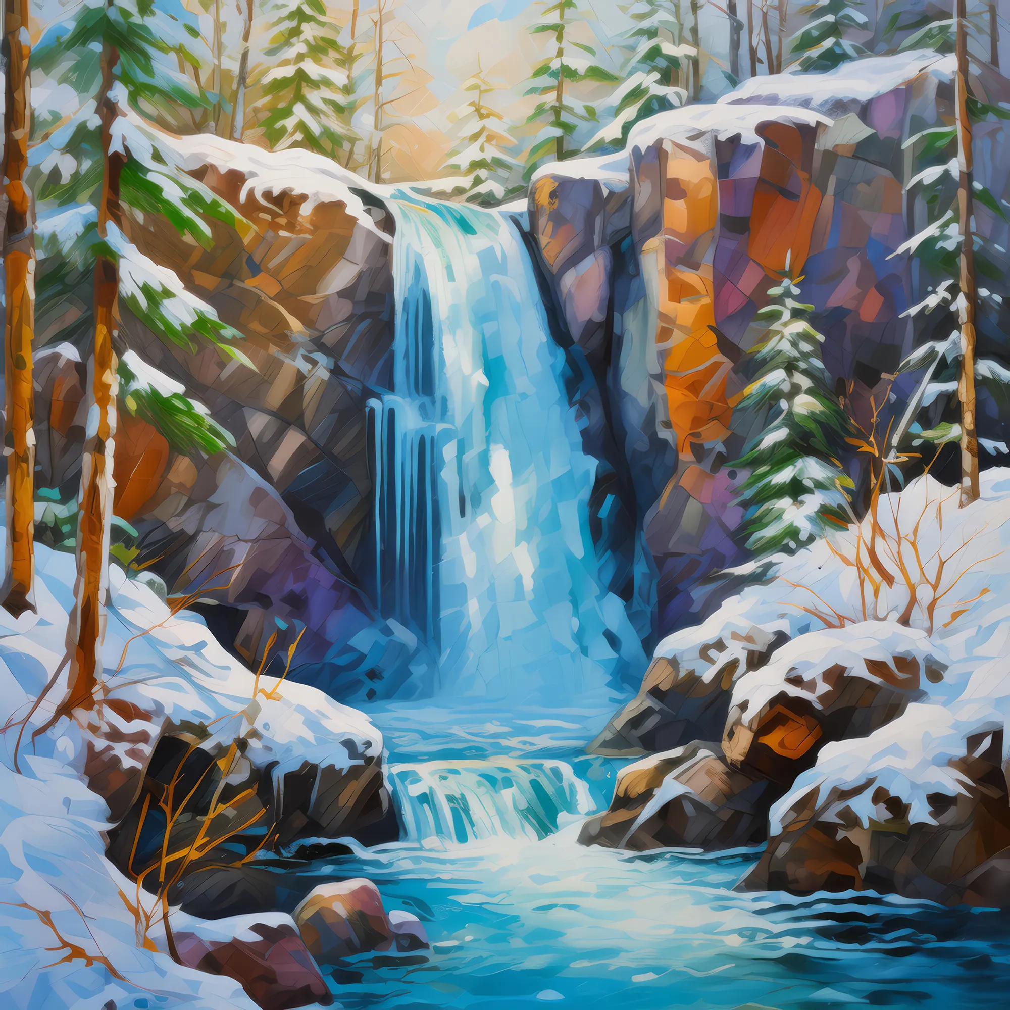 Painting: Icy Forest Waterfall