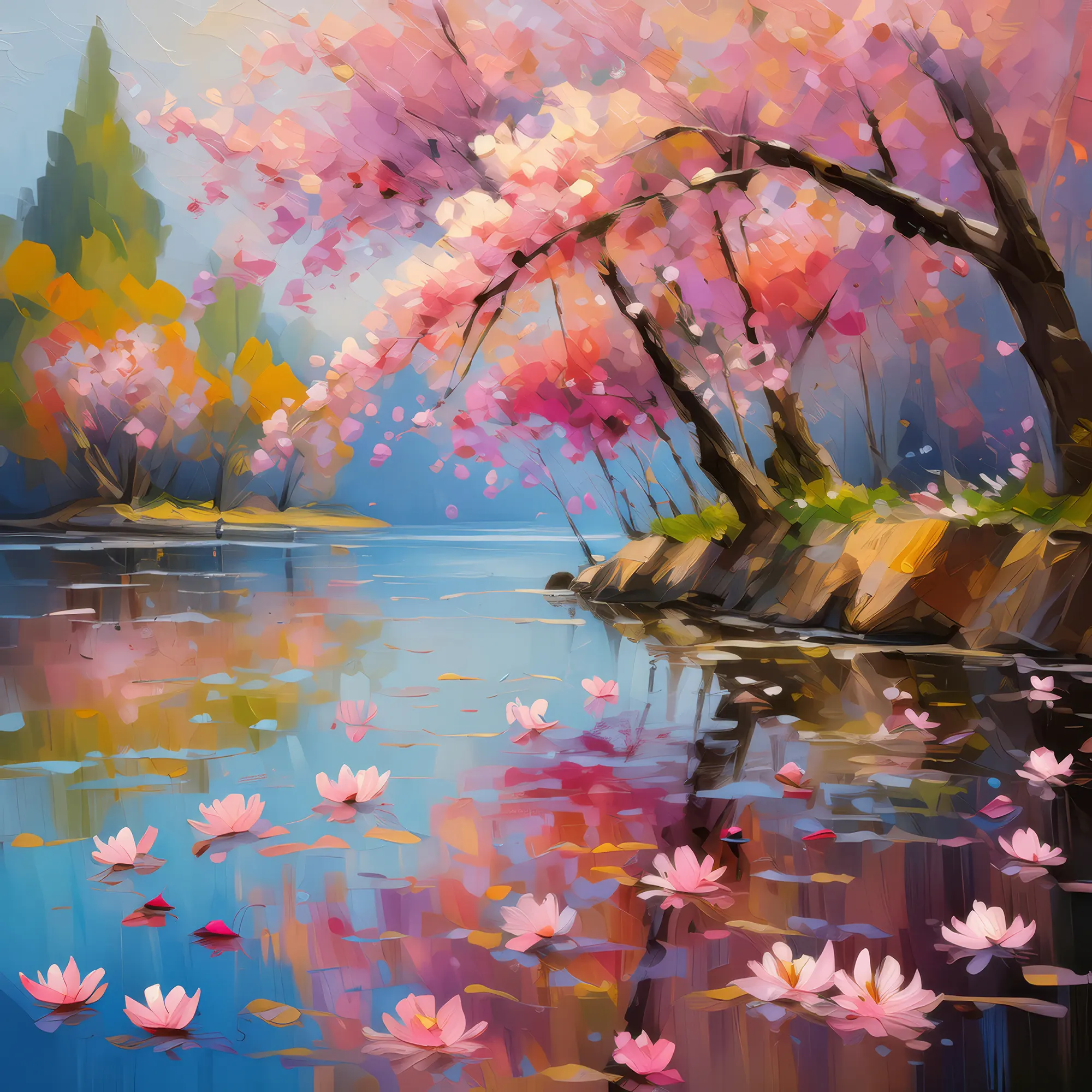 Painting: Lake of Floating Cherry Blossom Petals