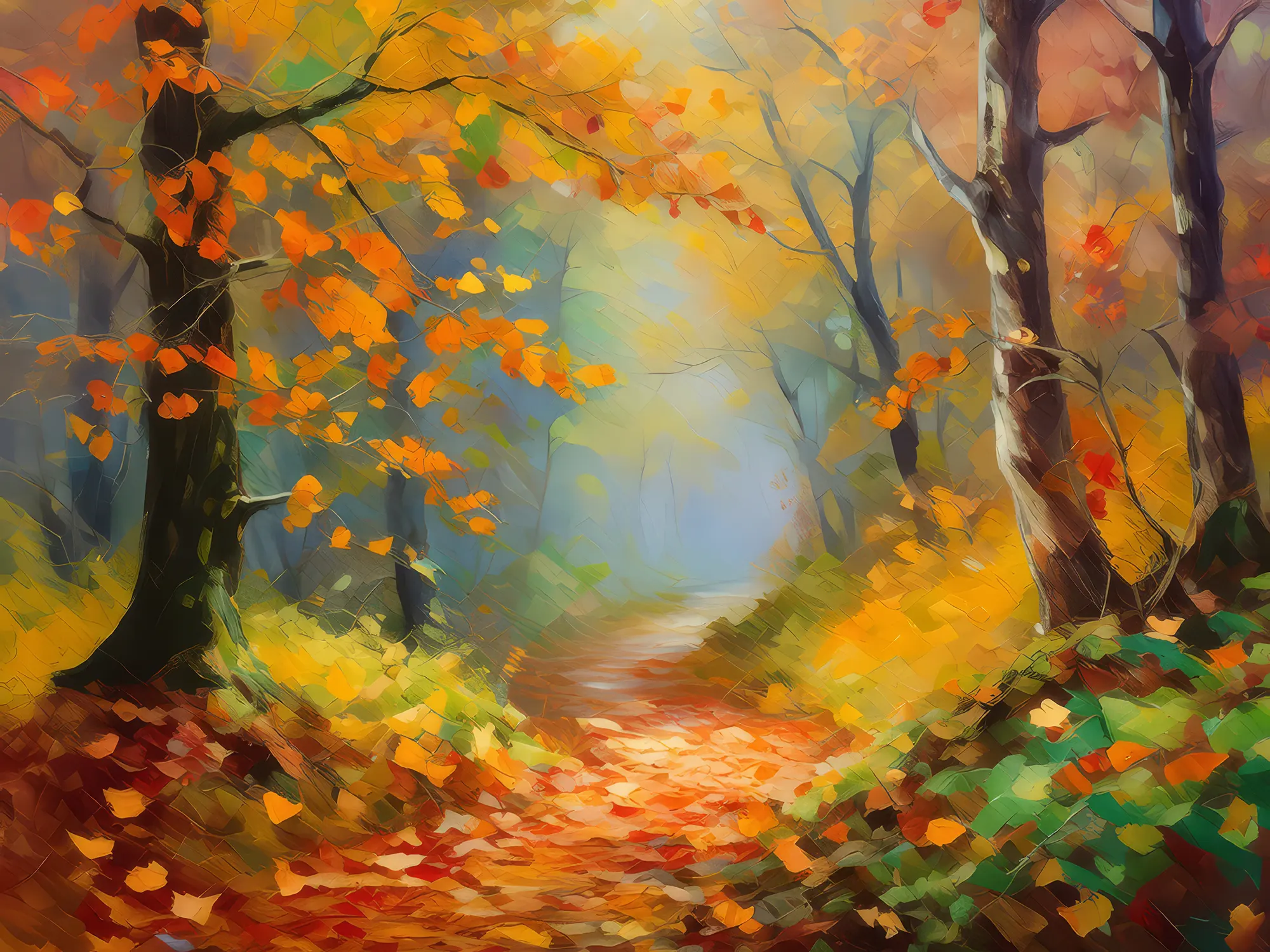 Painting: Misty Forest Path in Autumn