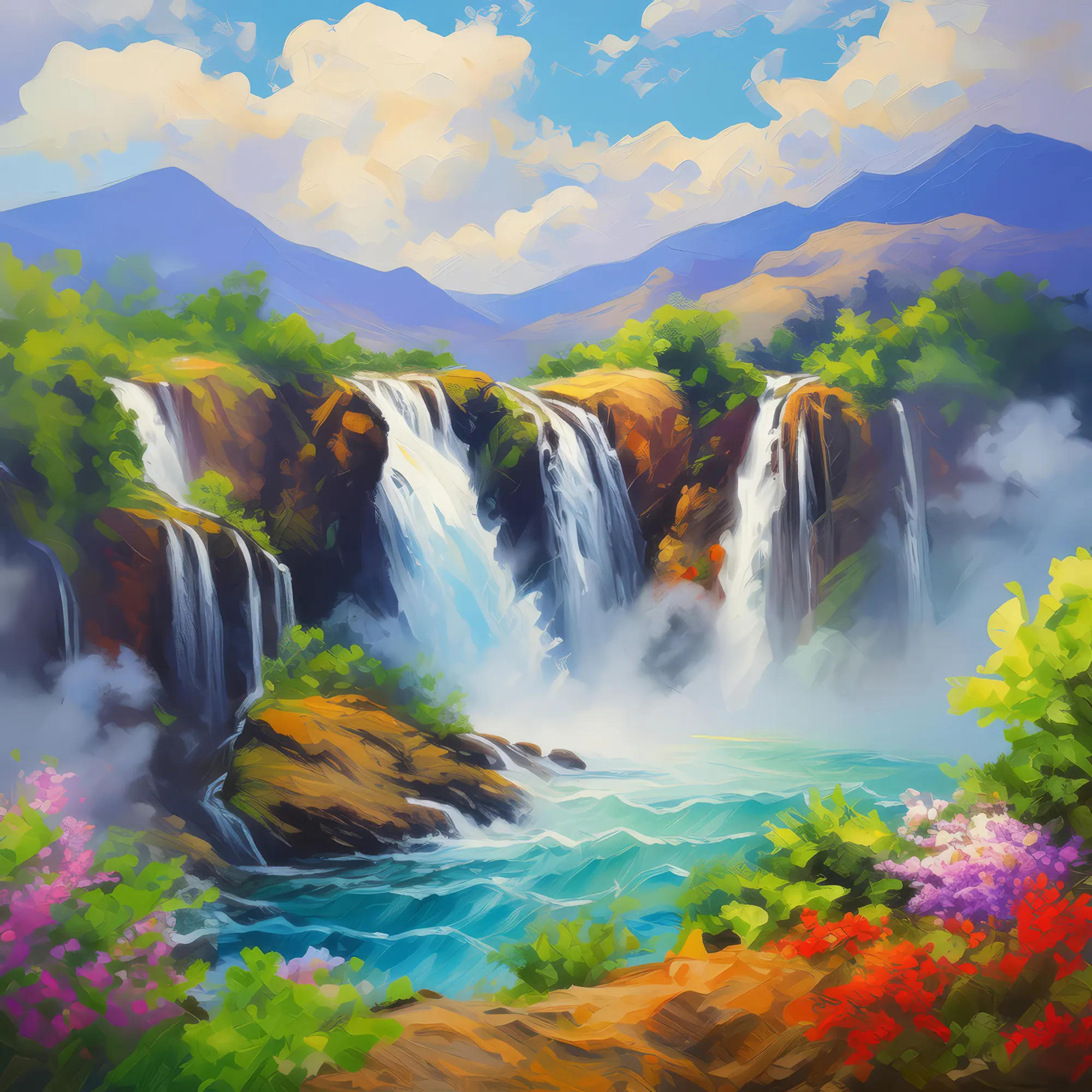 Painting: Misty Plateau Waterfall