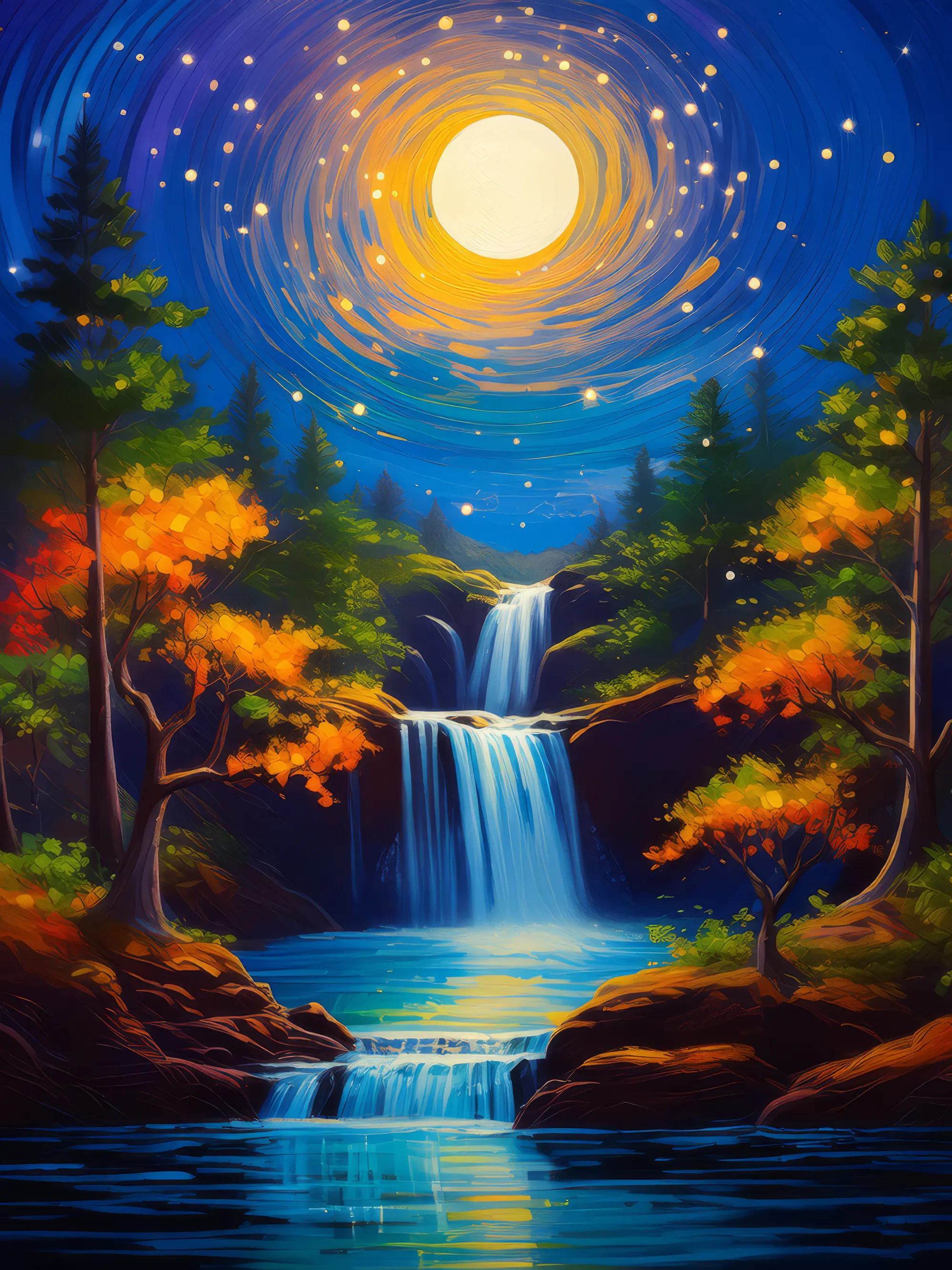 Painting: Moonlight Waterfall Journey