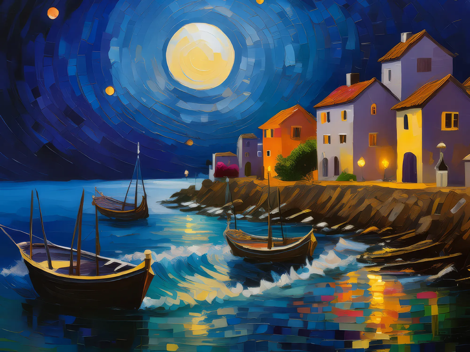 Painting: Moonlit Seaside Town