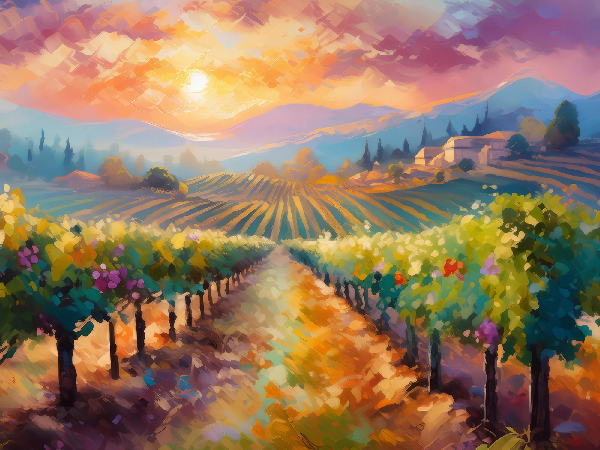 Painting: Morning Mist Over Vineyard