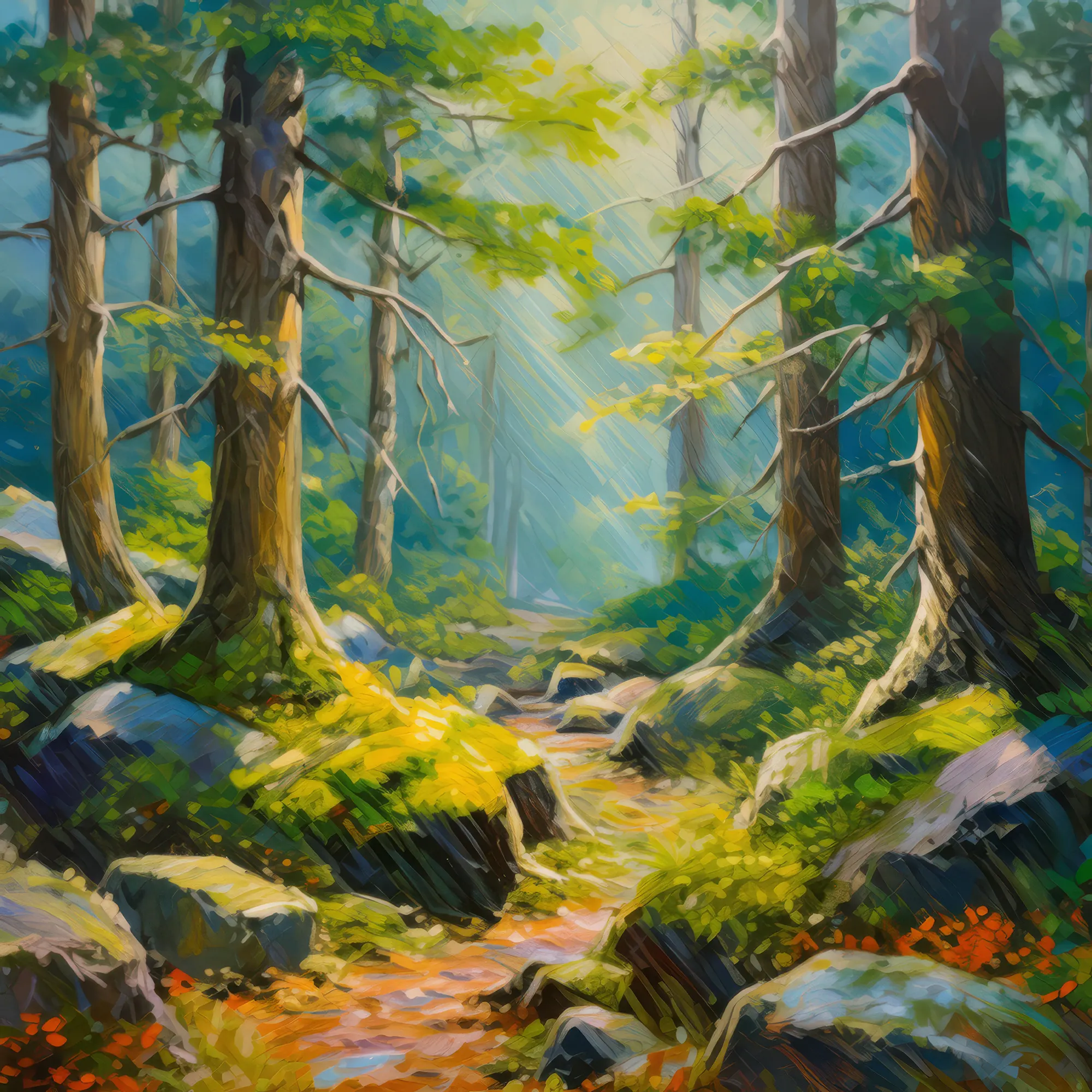 Painting: Moss-Covered Rocks in Boreal Forest