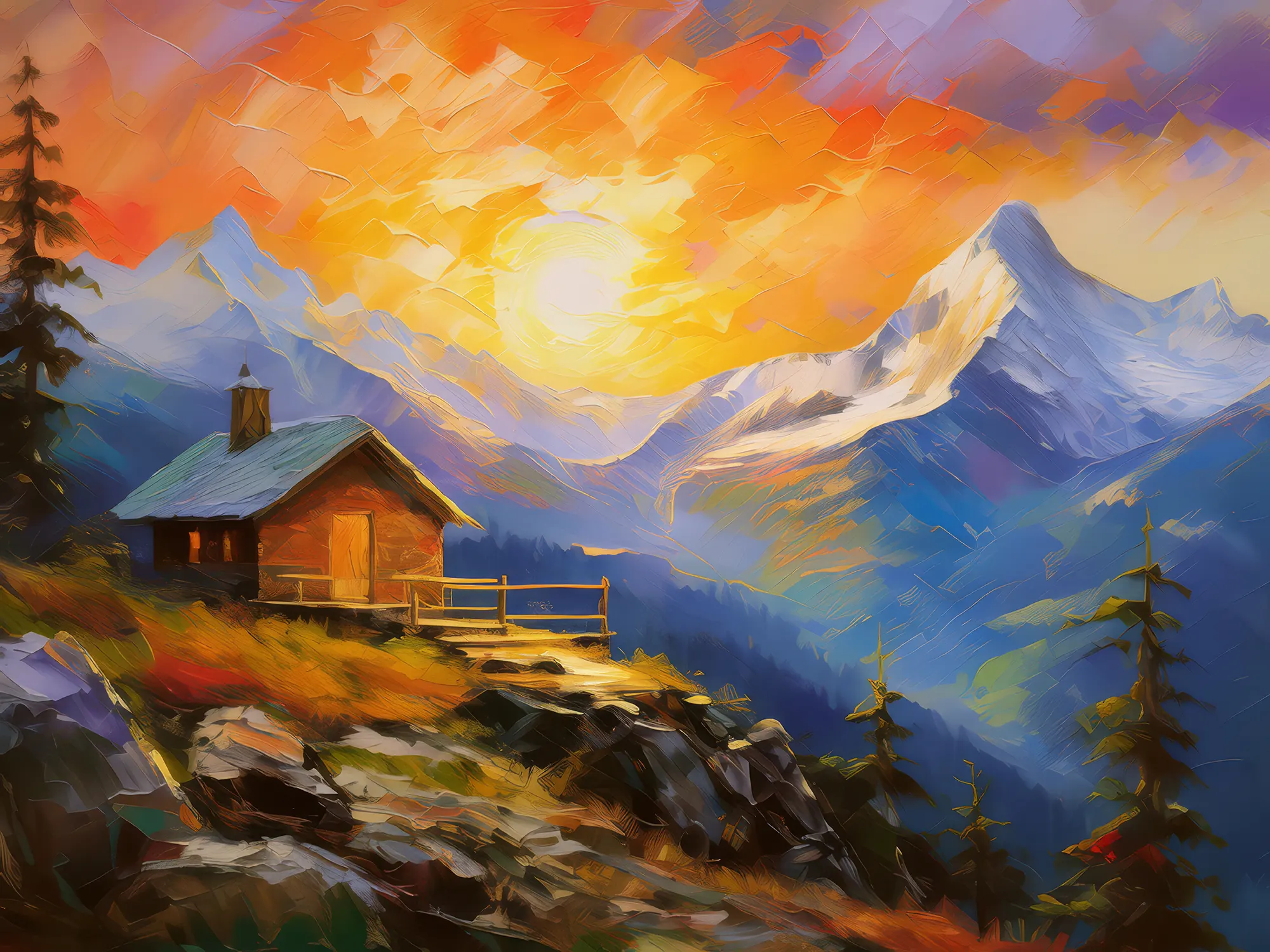 Painting: Mountain Refuge at Sunset