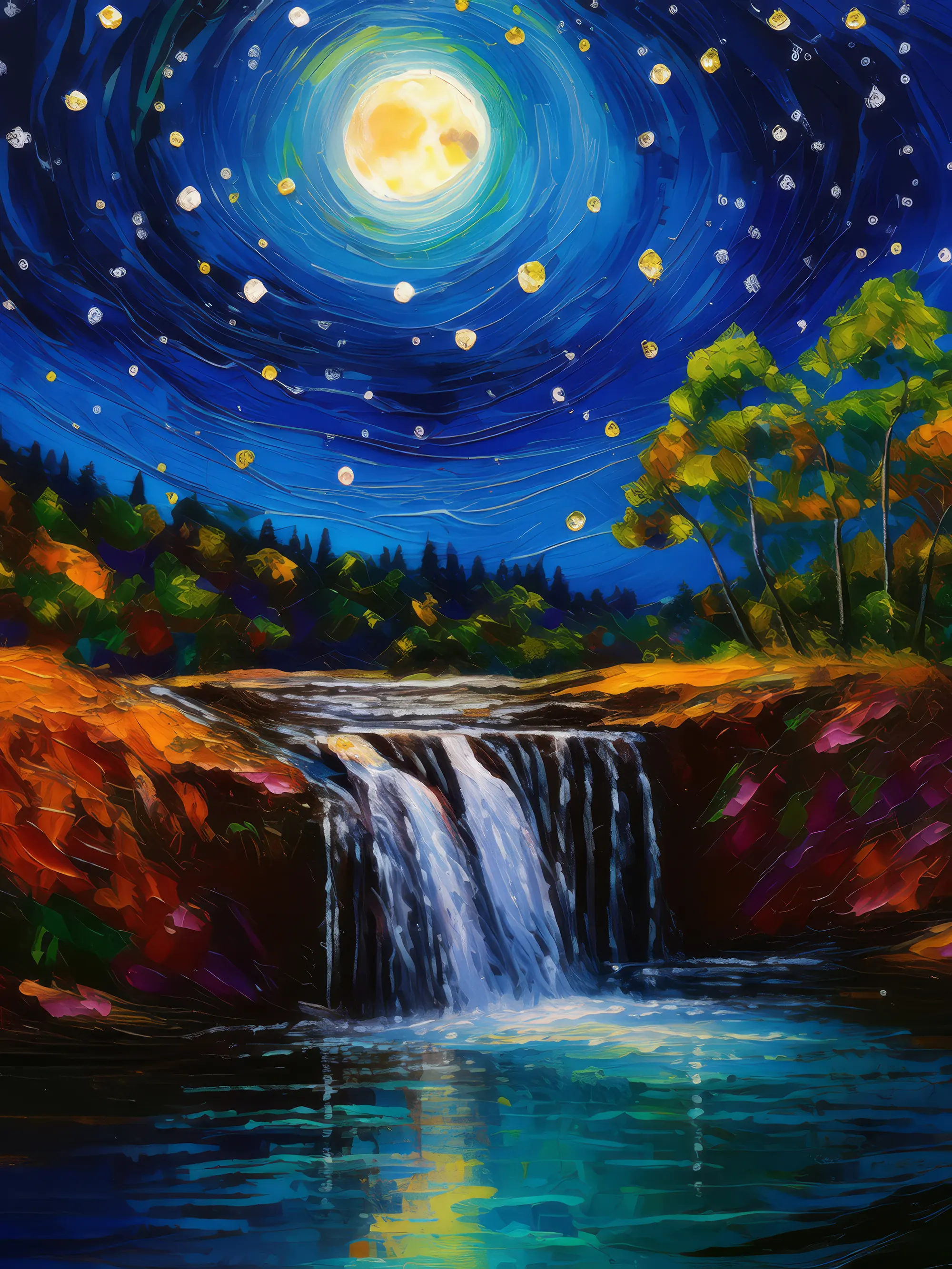 Painting: Night Sky Waterfall View