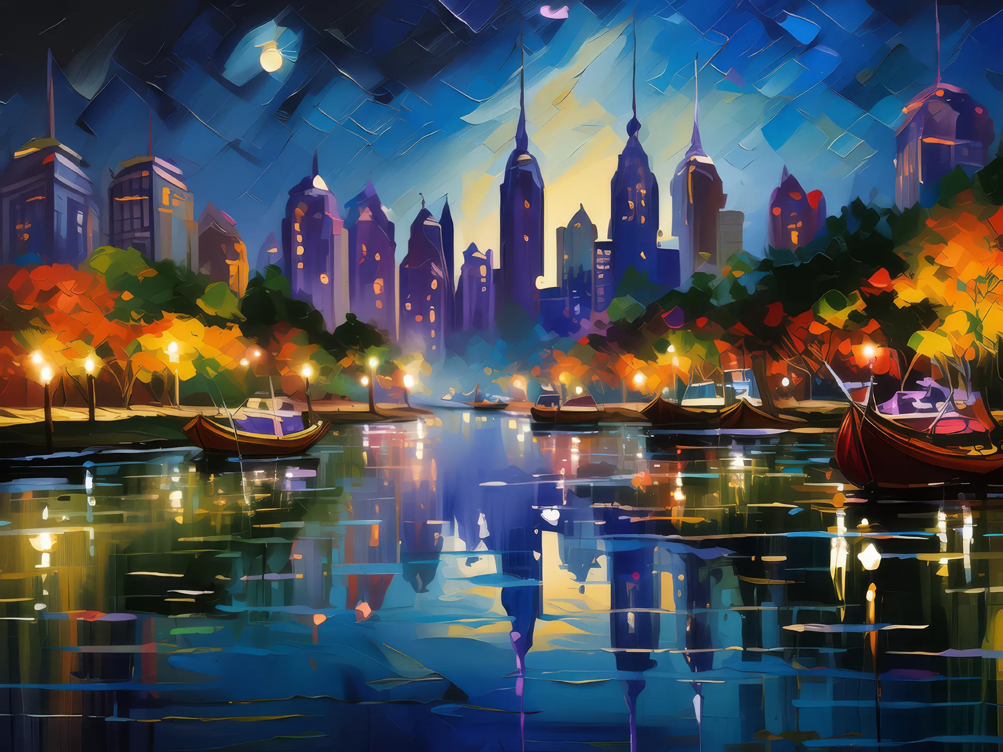 Painting: Nighttime Cityscape with River