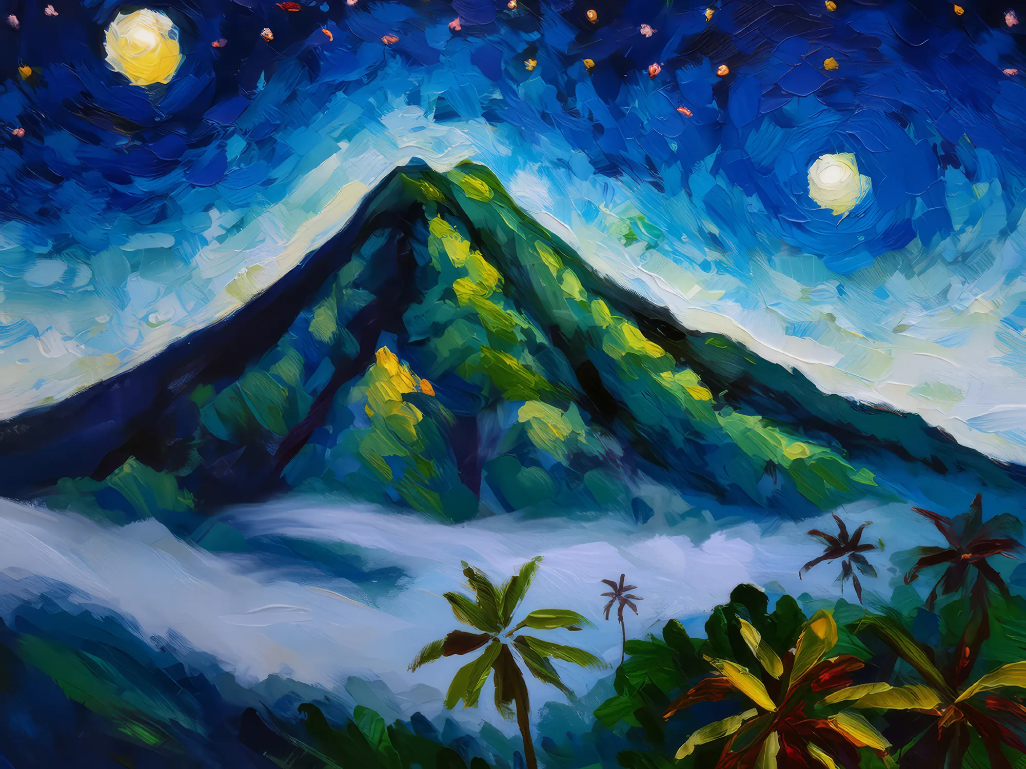 Painting: Nighttime Mist on Mountain