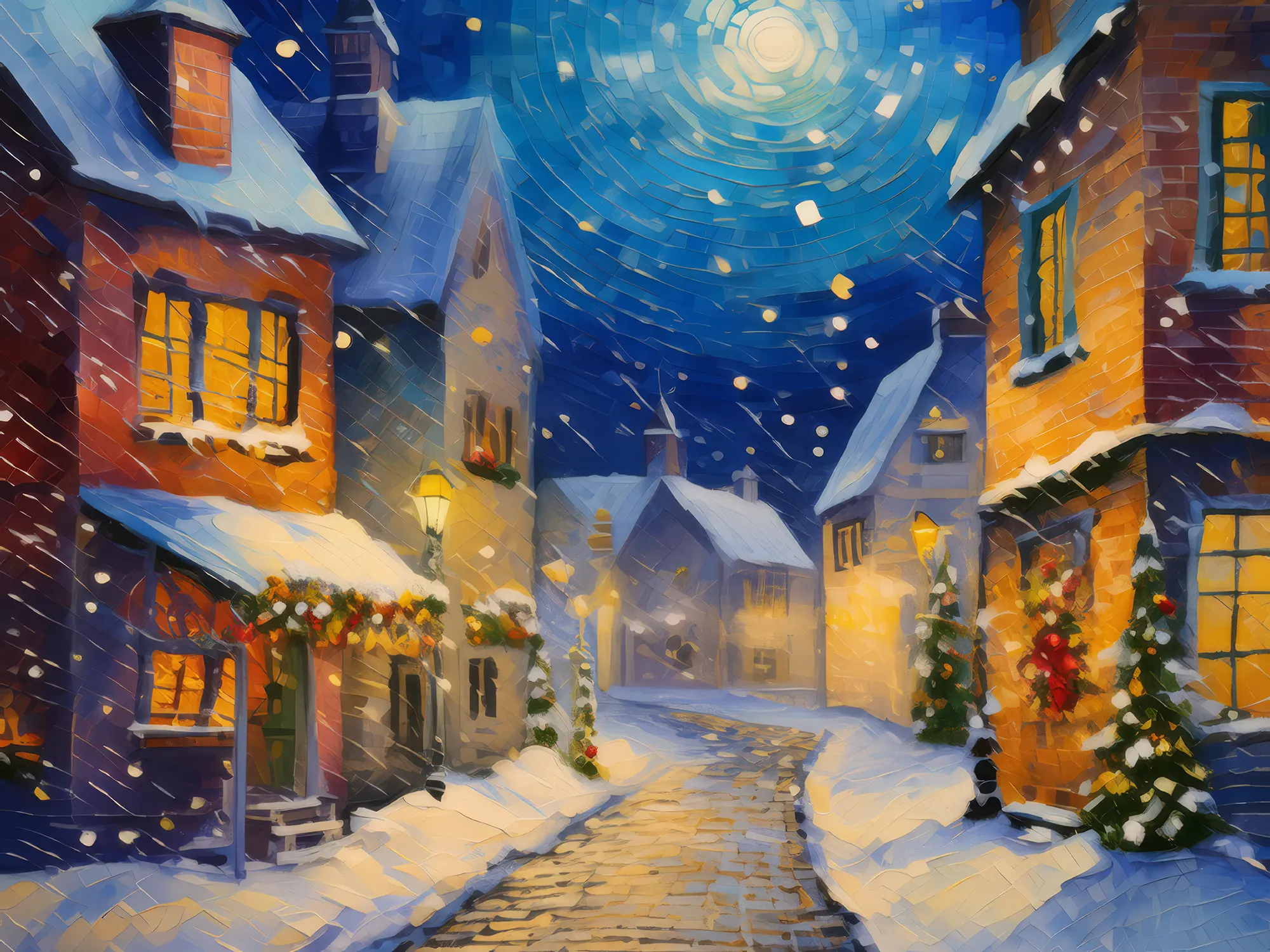 Painting: Old Town Snowy Night